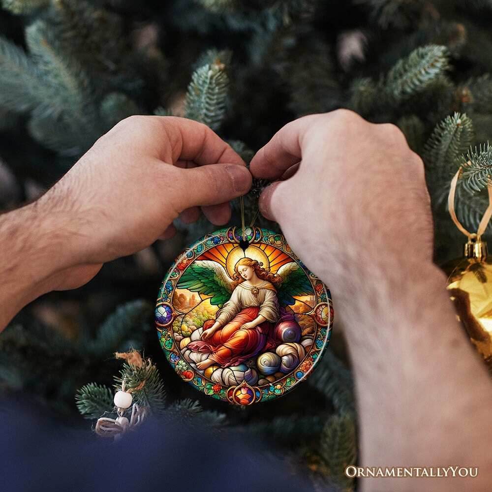 Beautiful Angel Medieval Stained Glass Themed Painting Christmas Ornament, Renaissance Italy Gift and Tree Decor - Circle