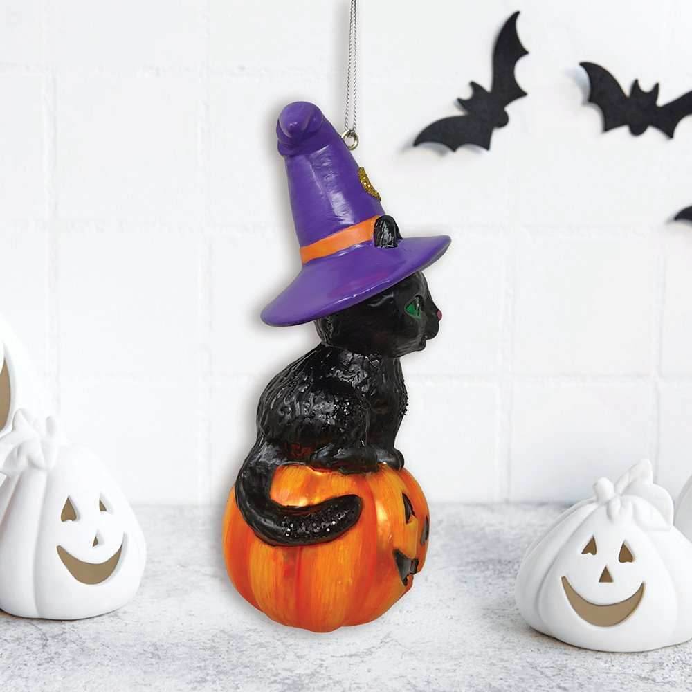 Black Cat on Pumpkin Spooky Glass Christmas Ornament, Witch Hat Halloween Theme - 
