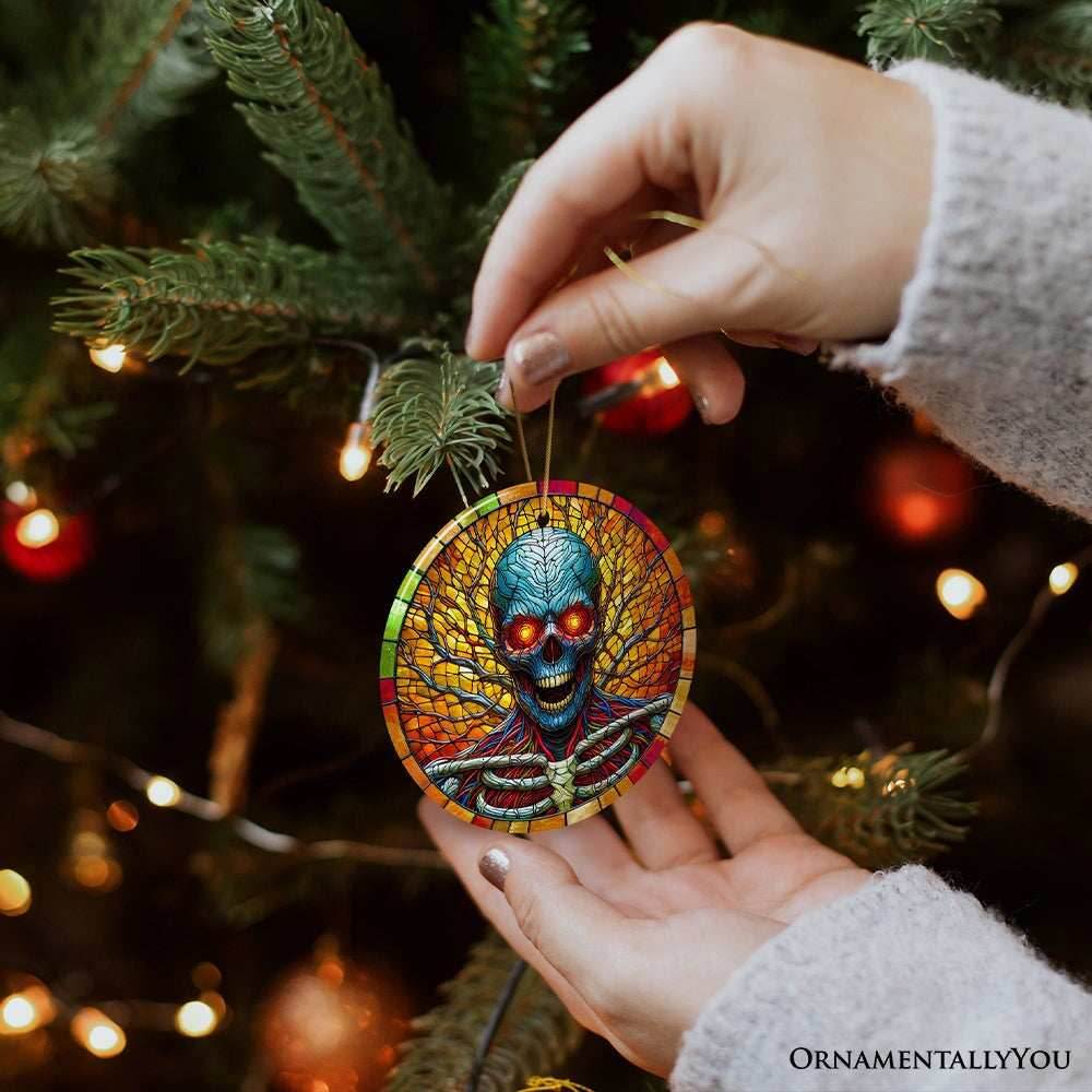 Red-Eyed Skeleton for Halloween Frights Stained Glass Style Ceramic Ornament, Halloween Themed Christmas Gift - Circle