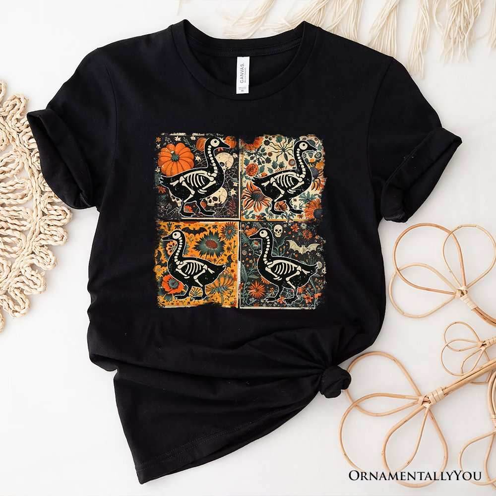 Skeleton Goose Patchwork T-Shirt, Floral Halloween Tee for The Spooky Season - Black / XS