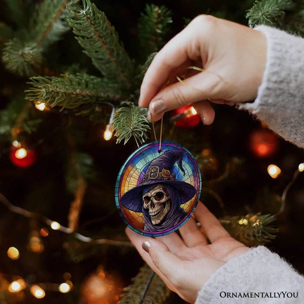 Witchy Grin Skull with Hat and Scarf Stained Glass Style Ceramic Ornament, Halloween Themed Christmas Gift and Decor - Circle