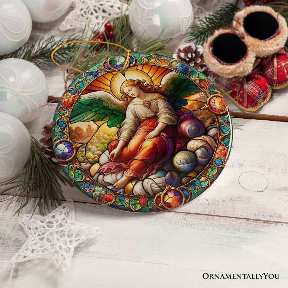 Beautiful Angel Medieval Stained Glass Themed Painting Christmas Ornament, Renaissance Italy Gift and Tree Decor - Circle