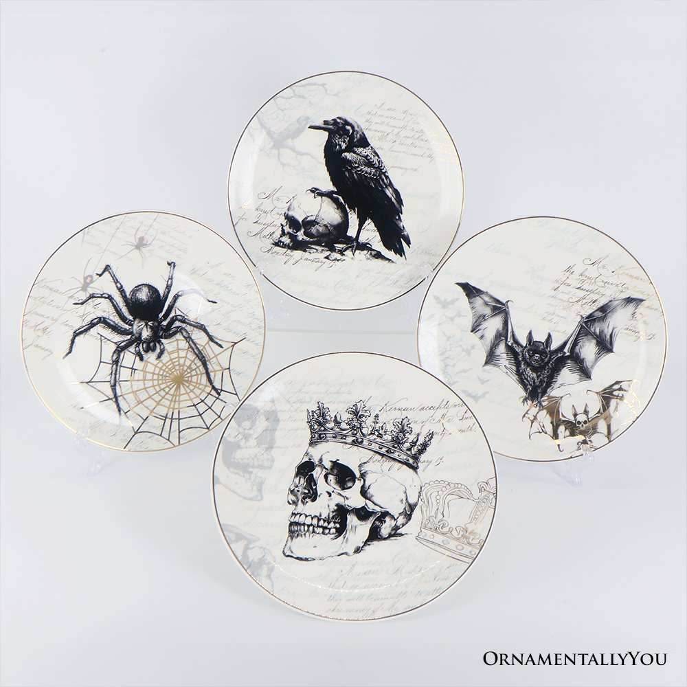 Gothic Elegance Set of 4 Plates with Real Gold Trim, Halloween Tableware Collection for Salad, Dessert, Appetizer, and Side Plates - 