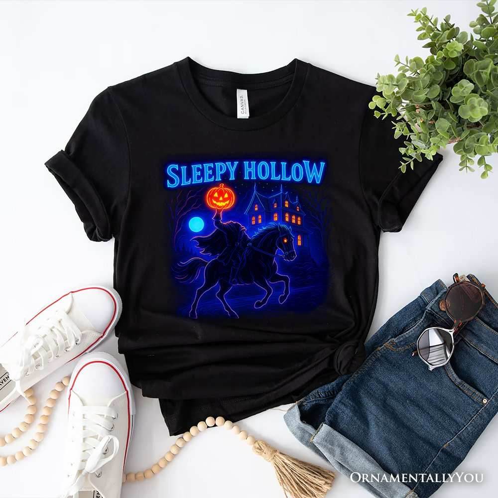 Sleepy Hollow Headless Horseman T-Shirt, Neon Retro Halloween Tee for Spooky Season - Black / XS