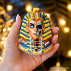 Evil Egyptian Pharoah Half Skull Head Glass Ornament, Gothic Halloween Tree Decor - 