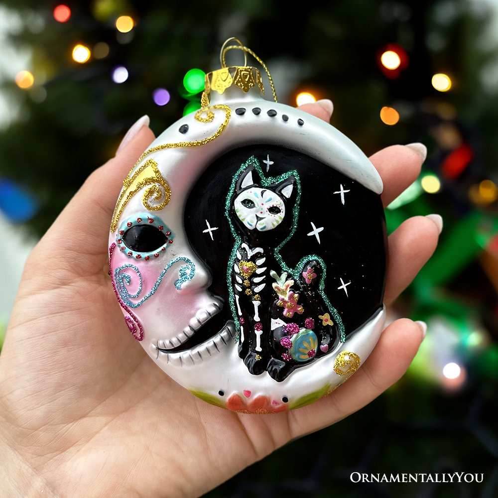 Folkloric Siamese Cat Sugar Skull Glass Ornament, Celestial Crescent Moon Halloween Decor - 
