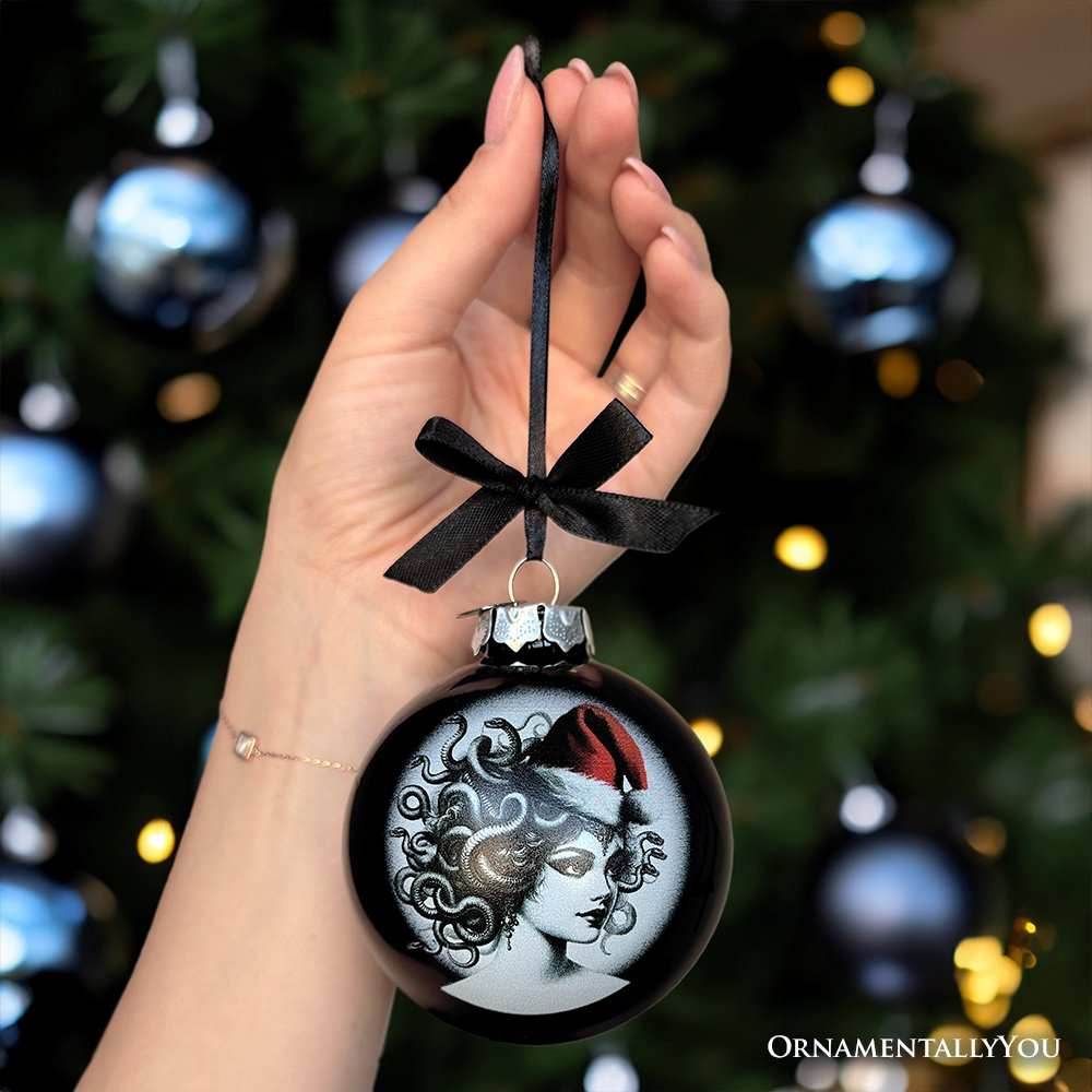 Medusa Christmas Spooky Portrait Glass Ornament, Black Horror Halloween Tree Decoration - 