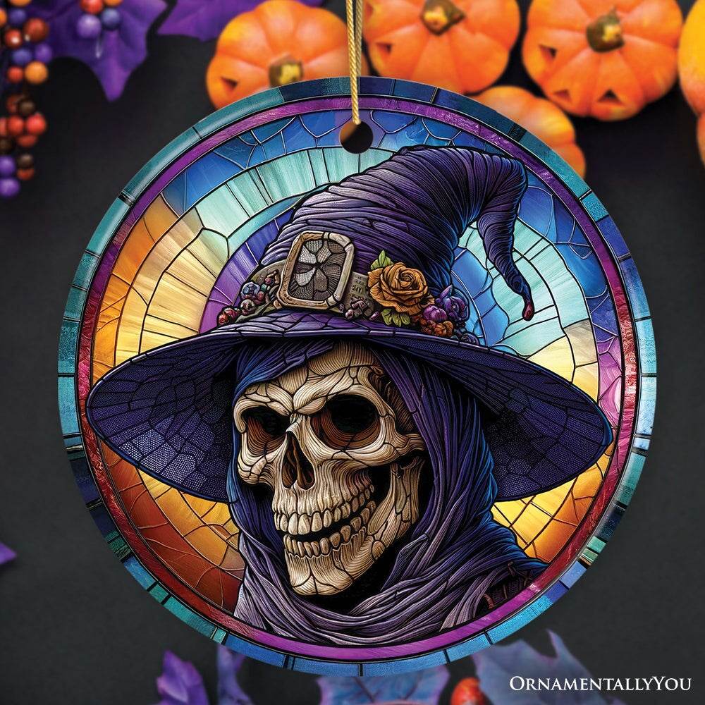 Witchy Grin Skull with Hat and Scarf Stained Glass Style Ceramic Ornament, Halloween Themed Christmas Gift and Decor - Circle