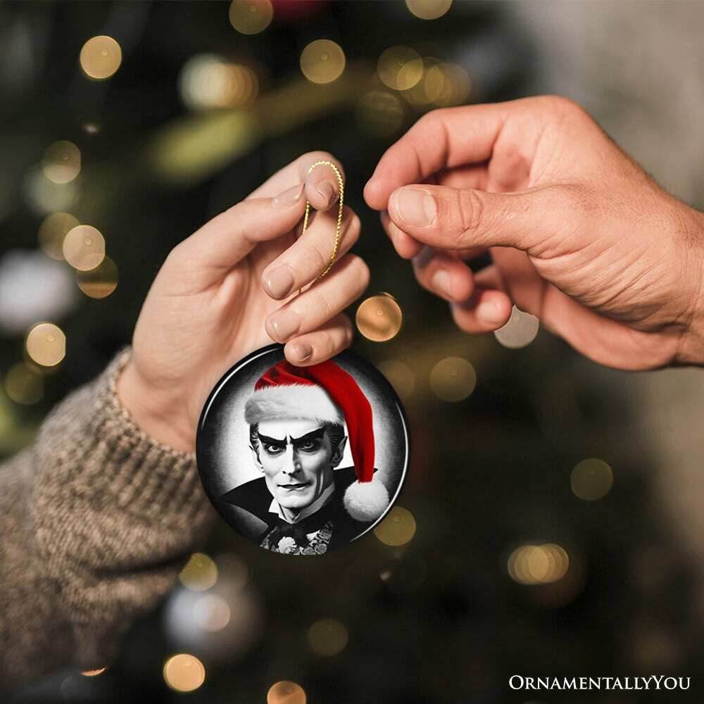 Vintage Dracula with a Santa Hat Ceramic Ornament, Horror Themed Christmas Decor for Halloween Tree - Circle