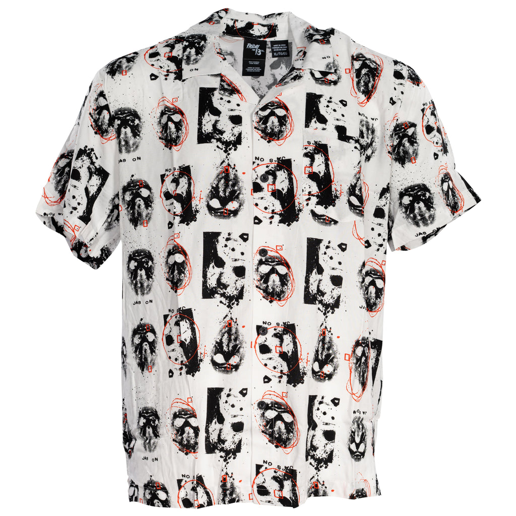 Friday The 13th Jason Rayon Button up Shirt SS Mask Scribble White