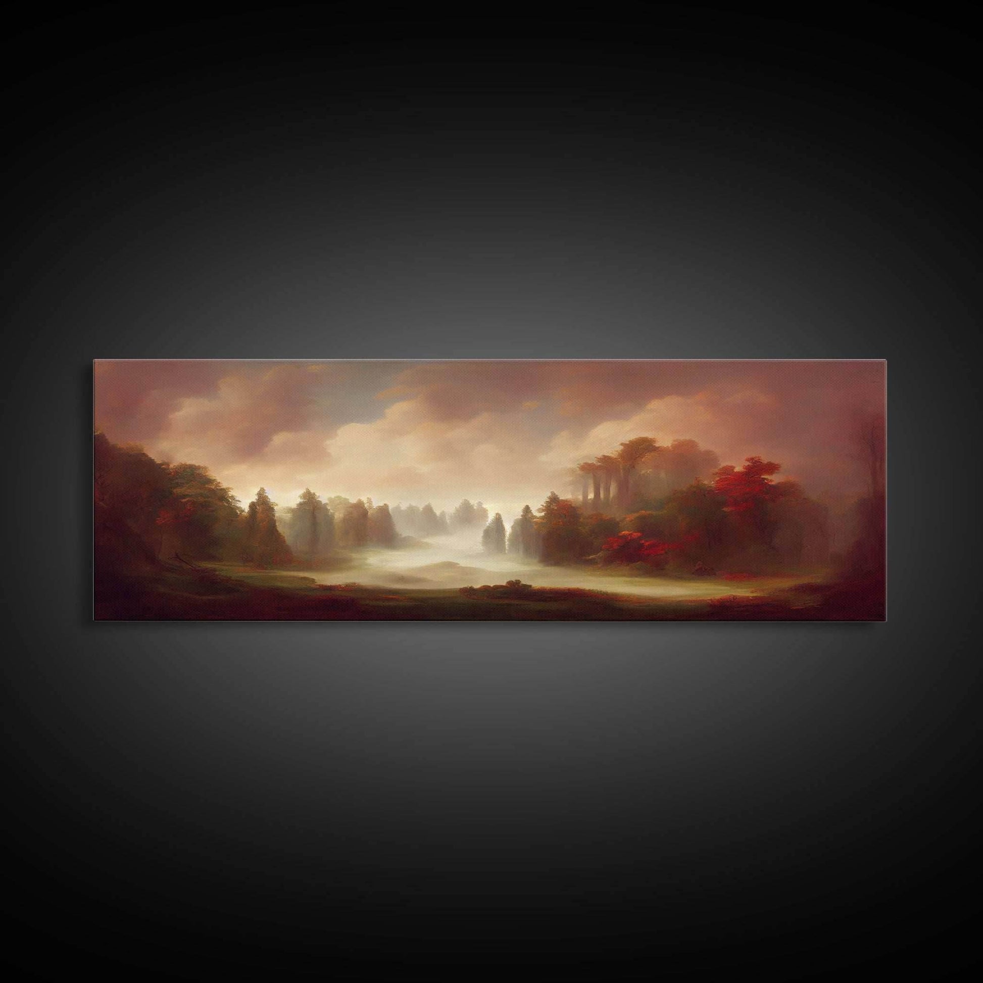 Hazy Forest Fantasy Art, Ready To Hang Canvas Print, Panoramic Art, Fog Covered Forest High Fantasy RPG Concept Art - 10x30 Inches / Gallery Wrap Canvas - Ready To Hang
