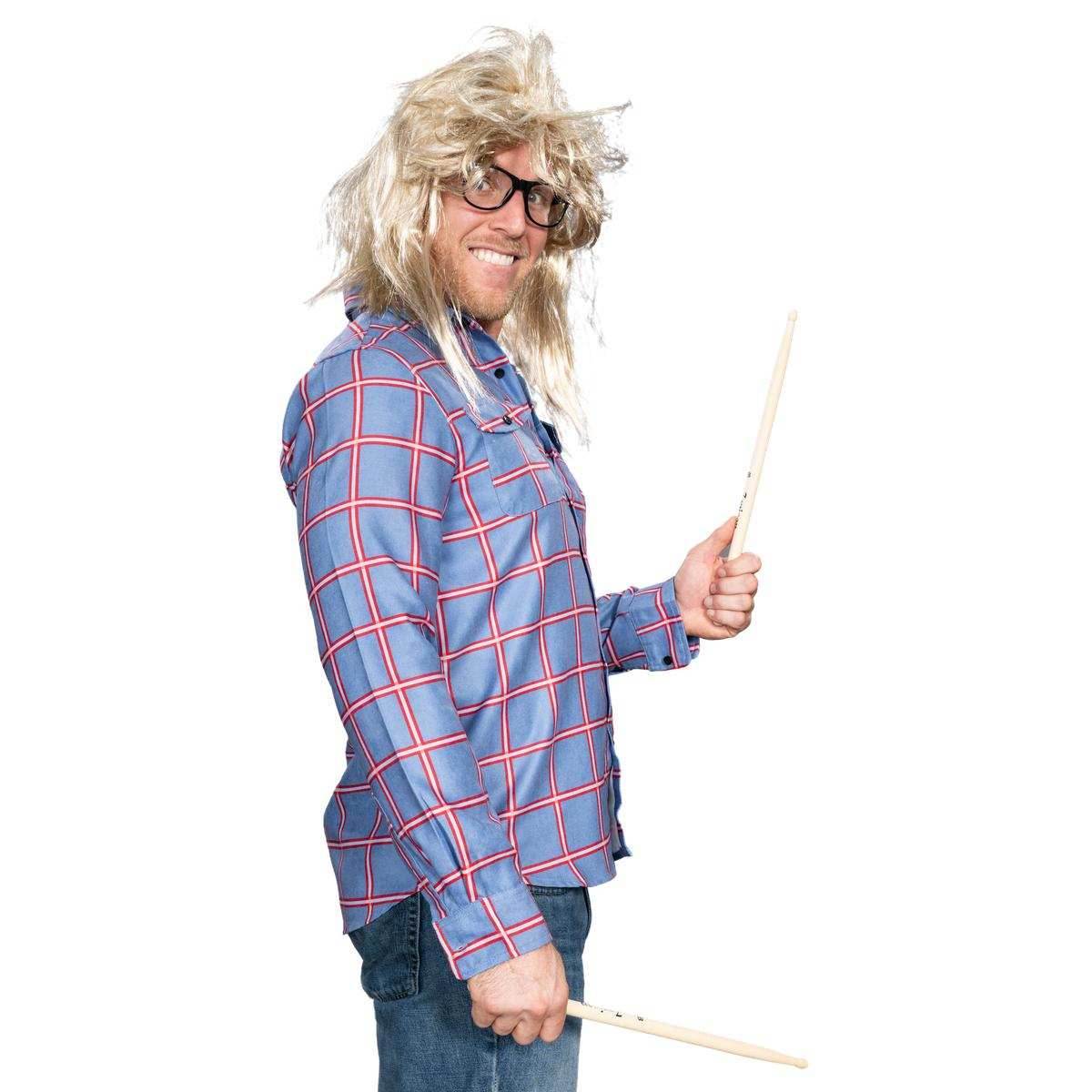 Garth Funny Tv Show Character Cosplay Button Down Flannel Shirt Wig and Drumstick Halloween Costume Set - S