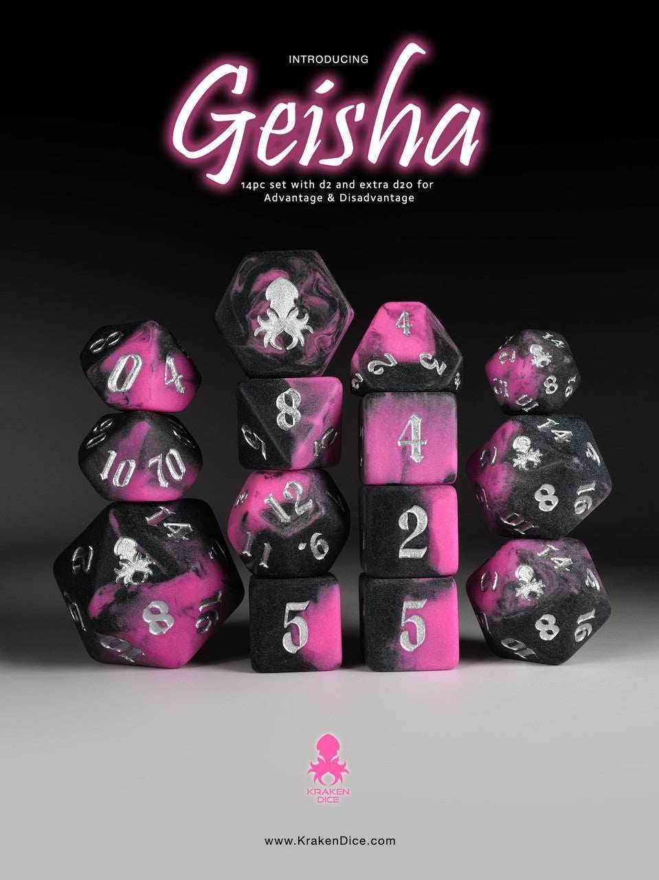 Kraken Dice Matte Dice Sets for TTRPGS - Geisha Black and Pink
