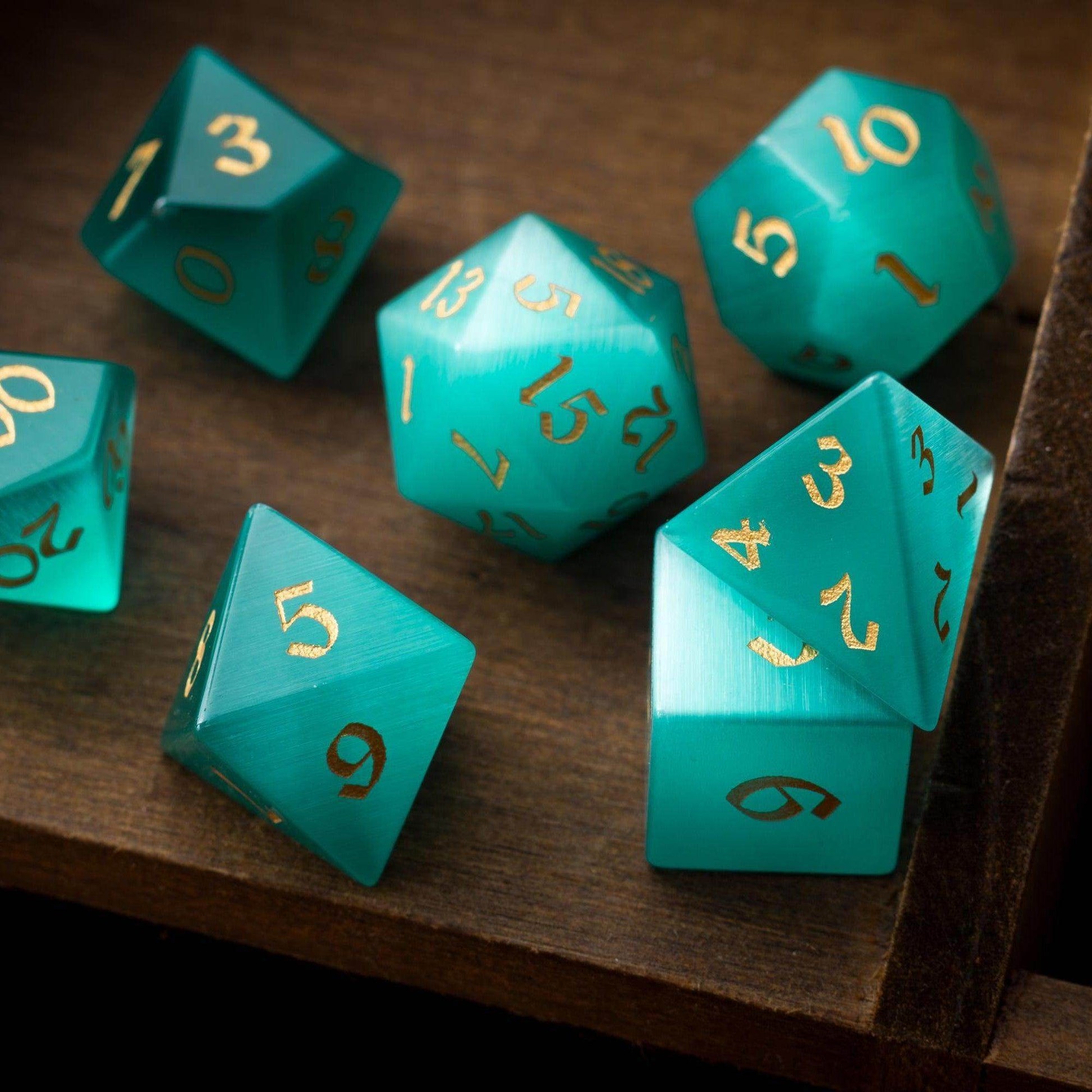 Gemstone Aquamarine Cats Eye Stone Hand Carved DND Dice Set - Full Set And Free Dice Box