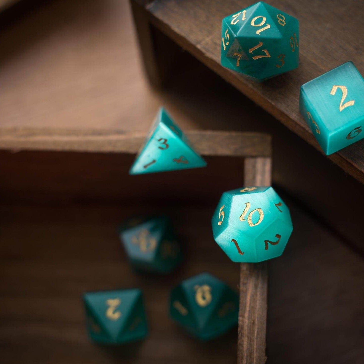 Gemstone Aquamarine Cats Eye Stone Hand Carved DND Dice Set - Full Set And Free Dice Box