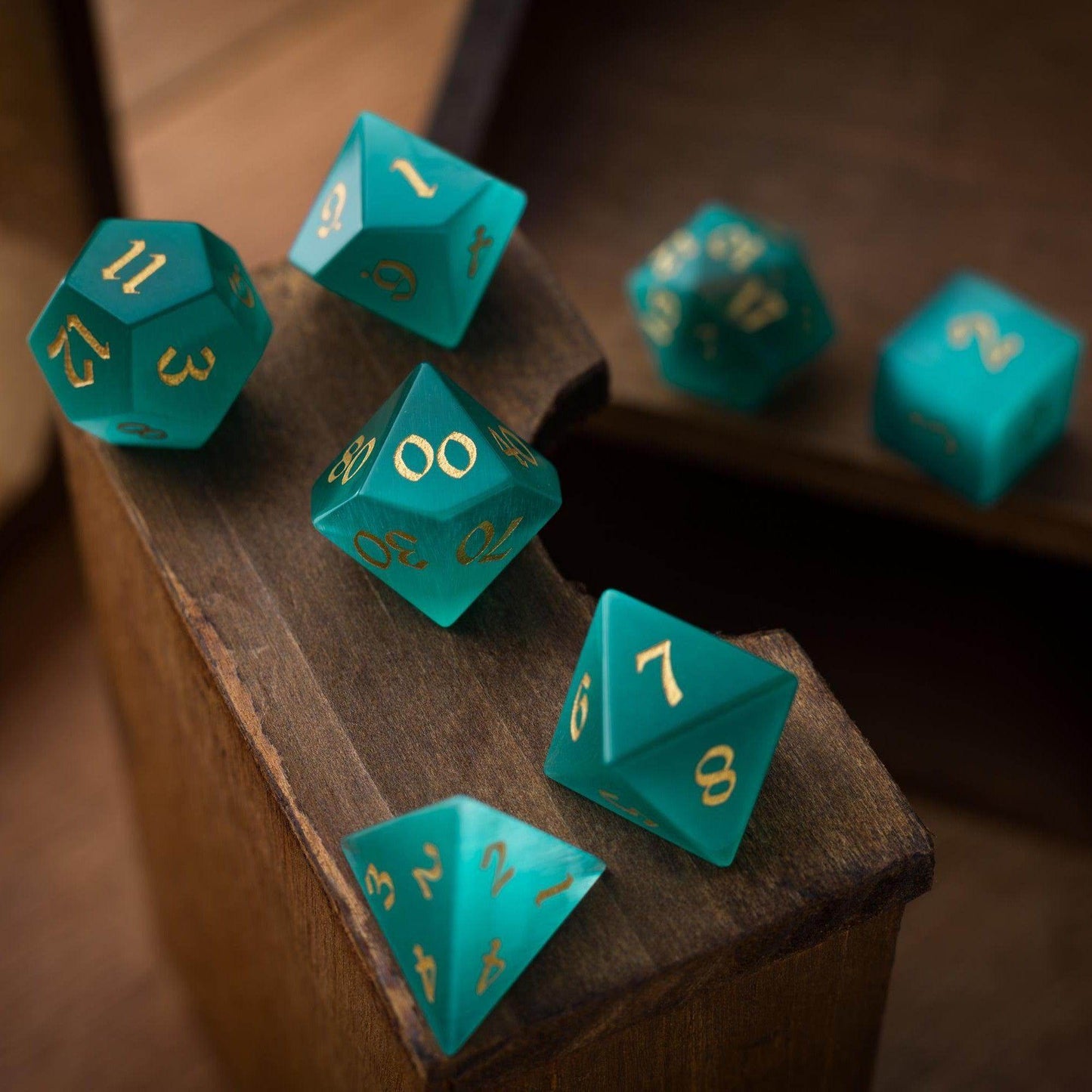 Gemstone Aquamarine Cats Eye Stone Hand Carved DND Dice Set - Full Set And Free Dice Box