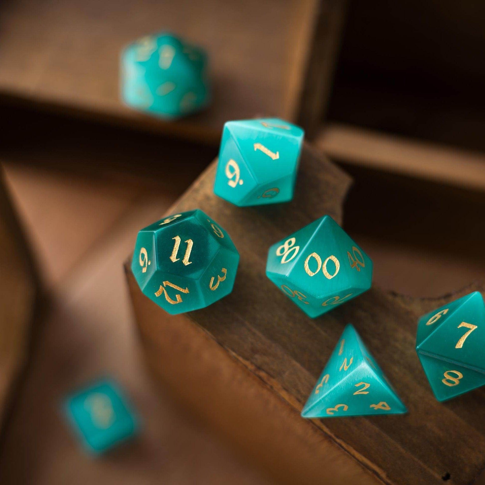 Gemstone Aquamarine Cats Eye Stone Hand Carved DND Dice Set - Full Set And Free Dice Box