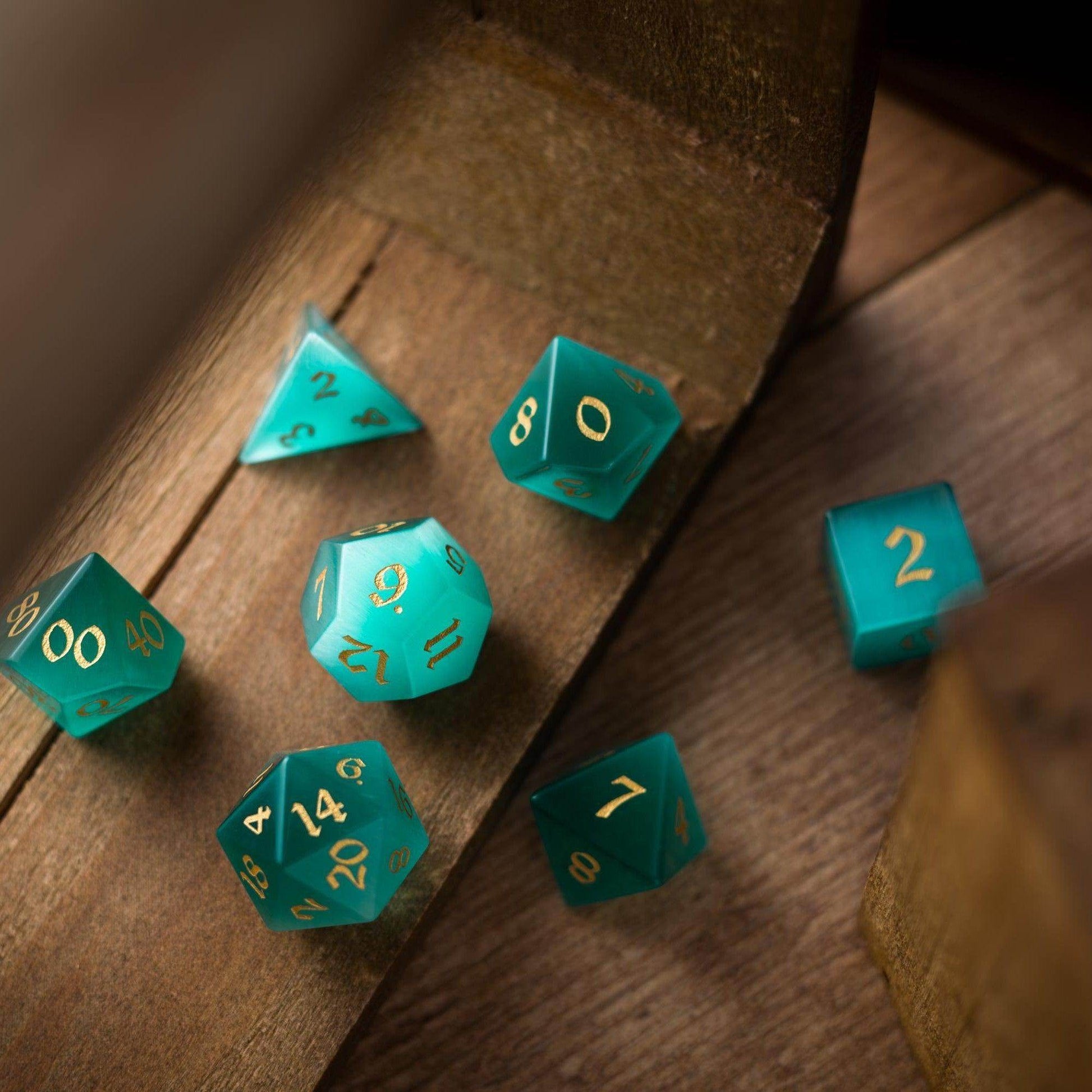 Gemstone Aquamarine Cats Eye Stone Hand Carved DND Dice Set - Full Set And Free Dice Box