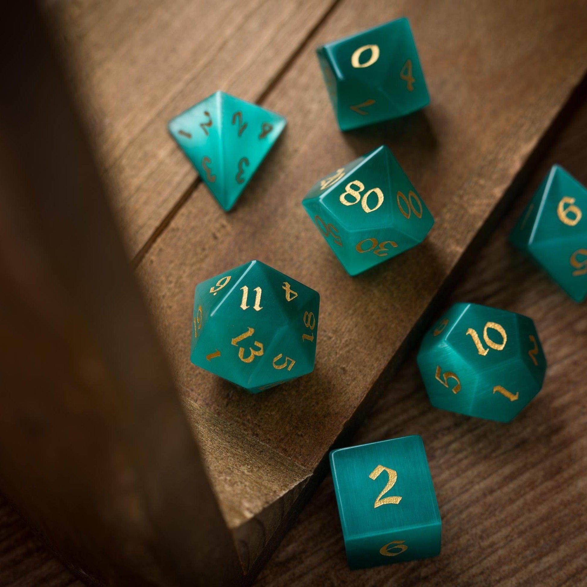 Gemstone Aquamarine Cats Eye Stone Hand Carved DND Dice Set - Full Set And Free Dice Box
