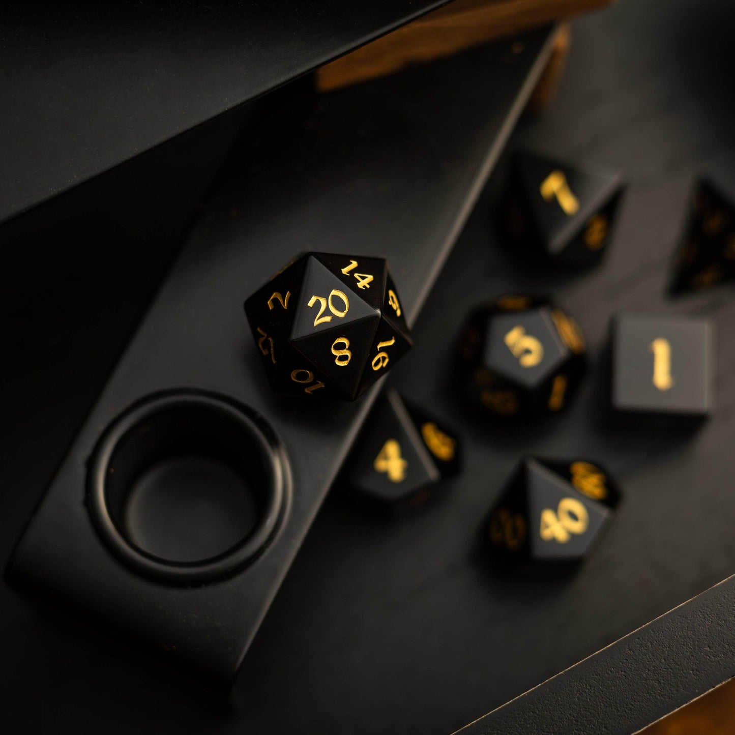 Gemstone Black Night Obsidian Hand Carved DND Dice Set - Full Set And Free Dice Box