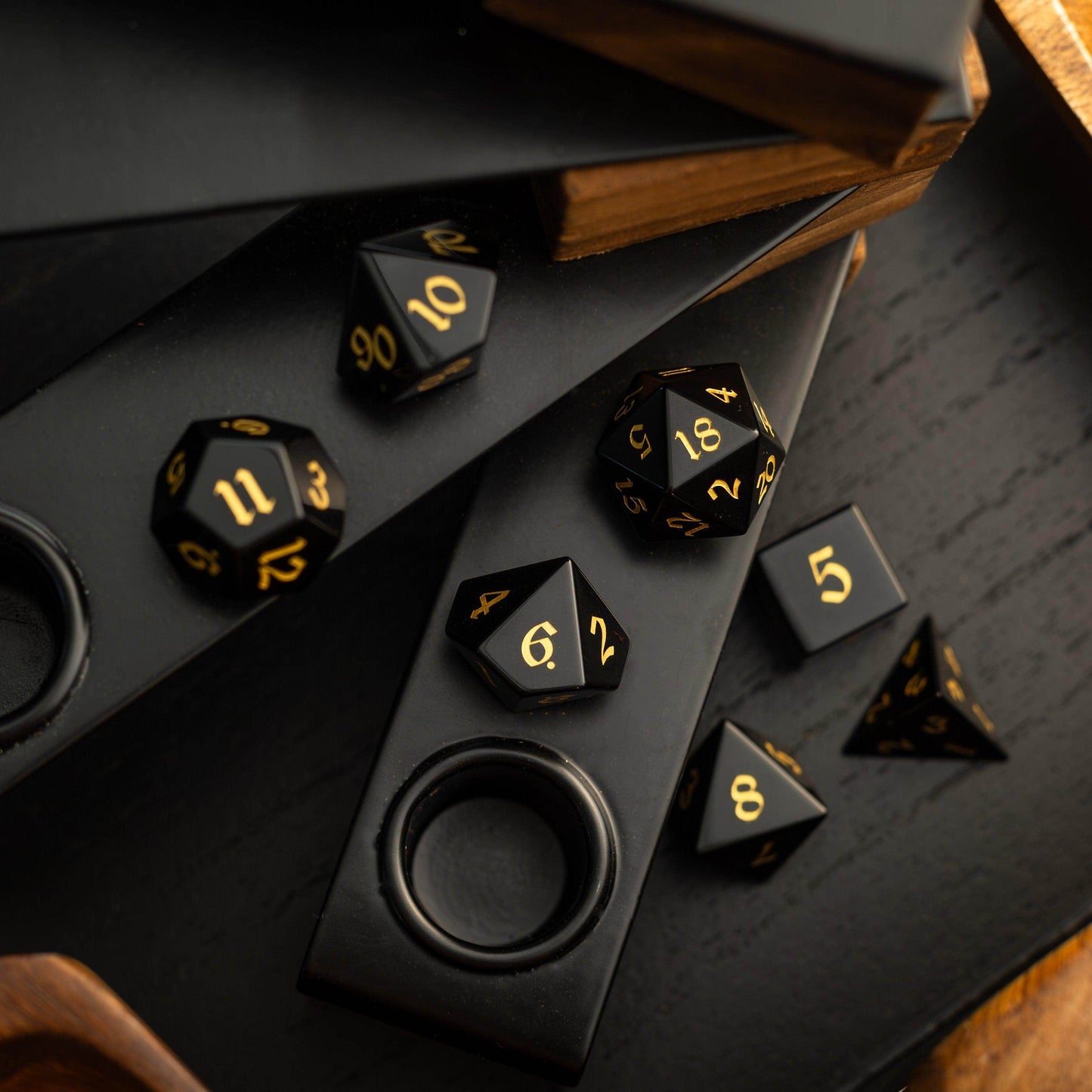 Gemstone Black Night Obsidian Hand Carved DND Dice Set - Full Set And Free Dice Box