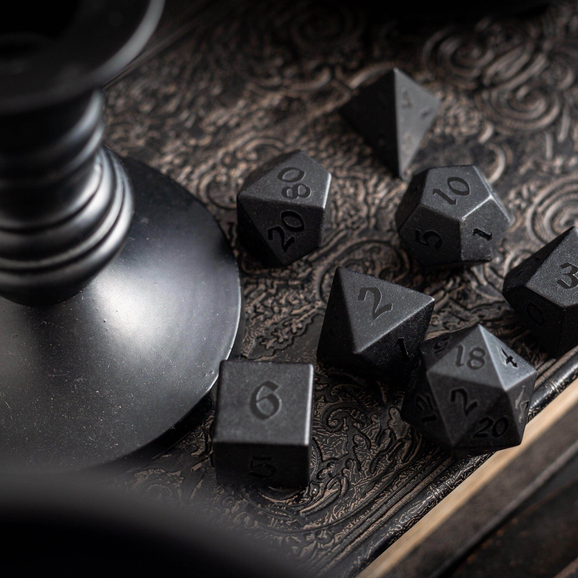 Gemstone Black Night Raised Obsidian Hand Carved DND Dice Set - Full Set And Free Dice Box