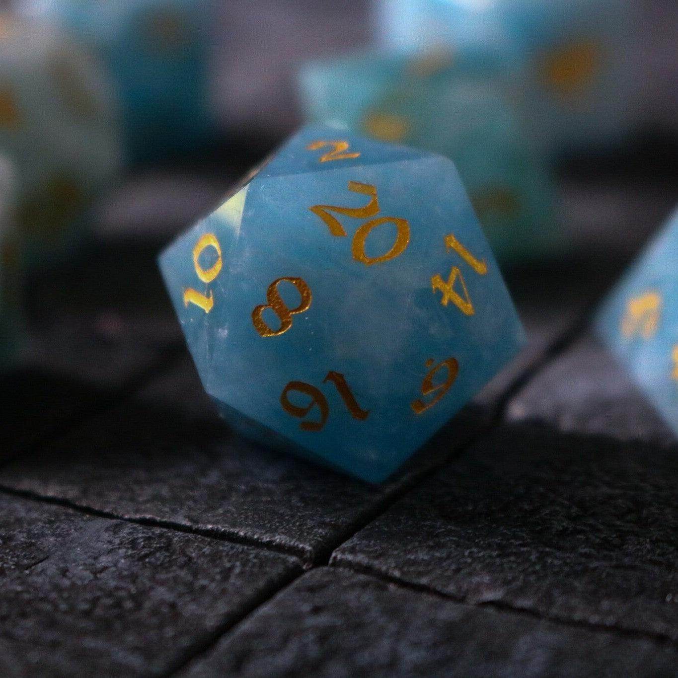 Gemstone Blue Aquamarine Stone Hand Carved DND Dice Set - Full Set And Free Dice Box