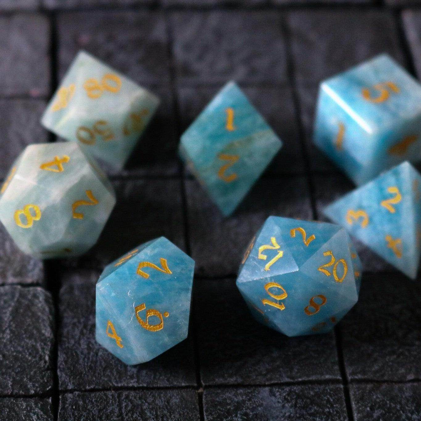 Gemstone Blue Aquamarine Stone Hand Carved DND Dice Set - Full Set And Free Dice Box