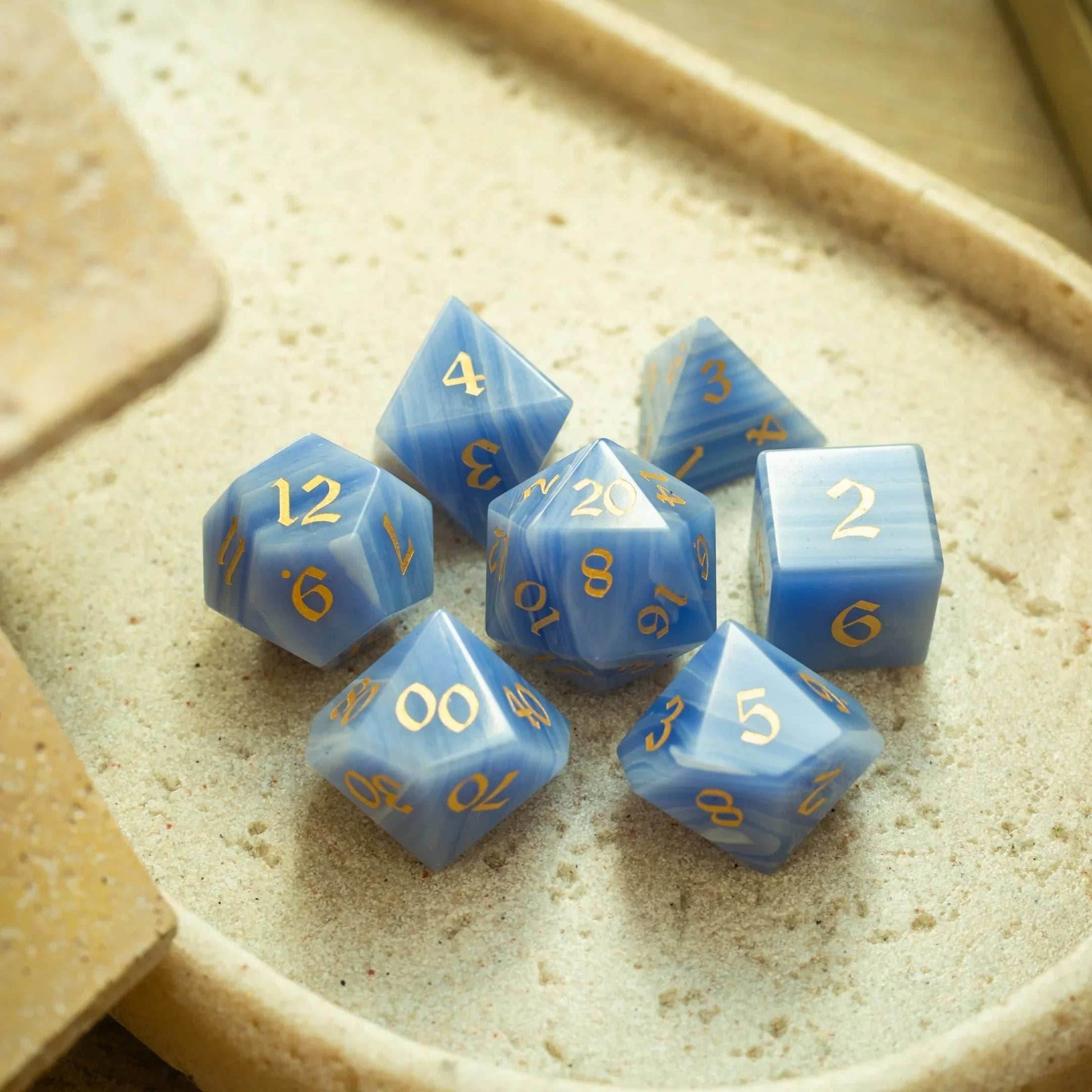Gemstone Blue Lace Agate Eye Stone Hand Carved DND Dice Set - Full Set And Free Dice Box