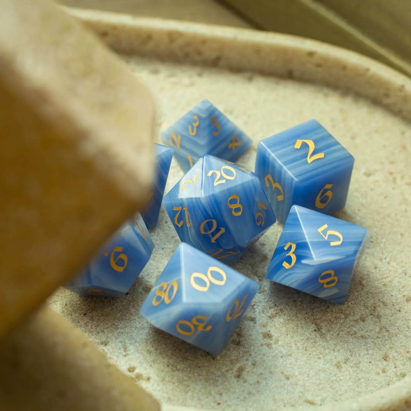 Gemstone Blue Lace Agate Eye Stone Hand Carved DND Dice Set - Full Set And Free Dice Box