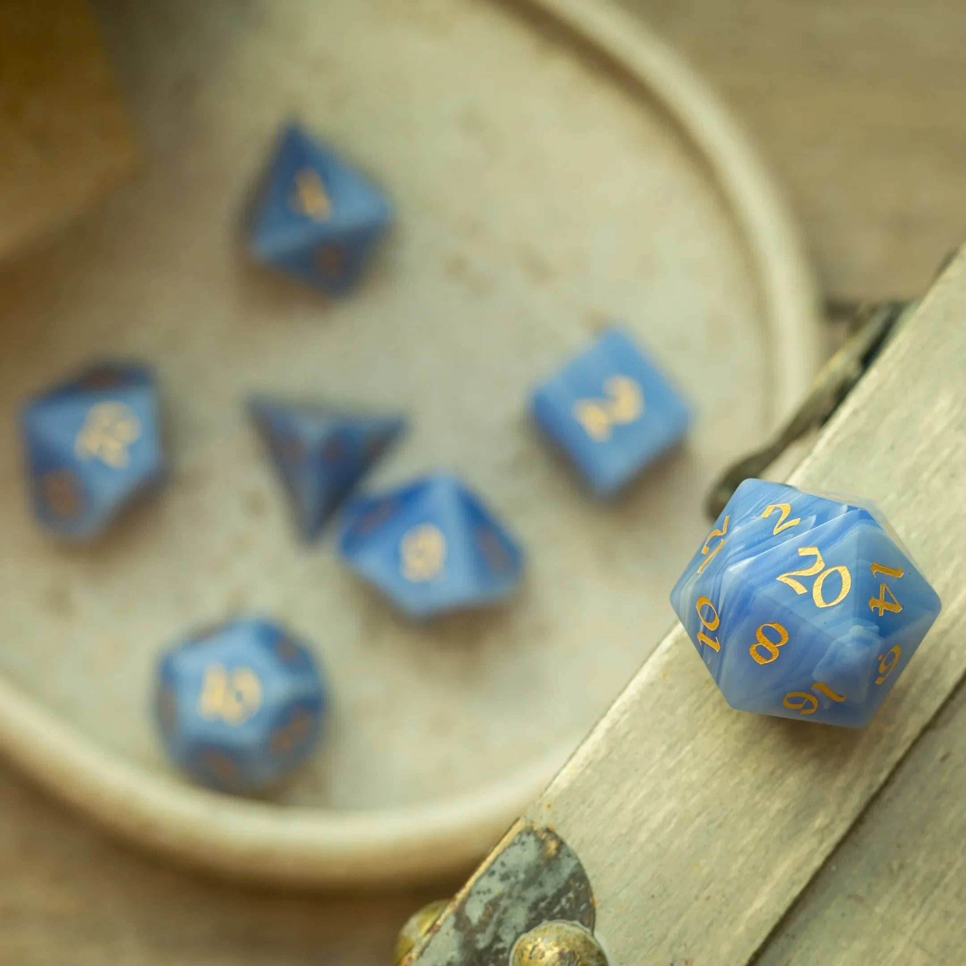 Gemstone Blue Lace Agate Eye Stone Hand Carved DND Dice Set - Full Set And Free Dice Box