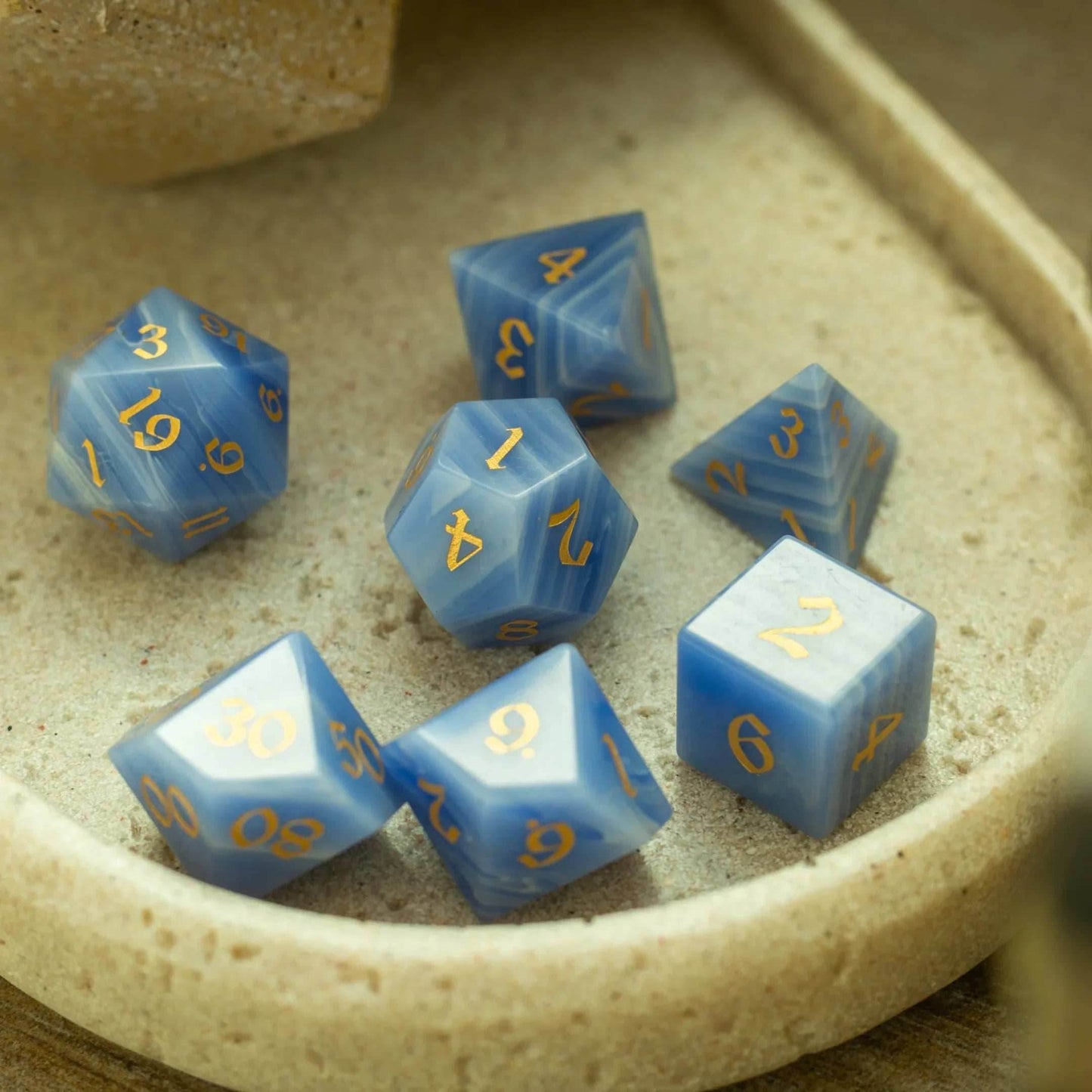 Gemstone Blue Lace Agate Eye Stone Hand Carved DND Dice Set - Full Set And Free Dice Box