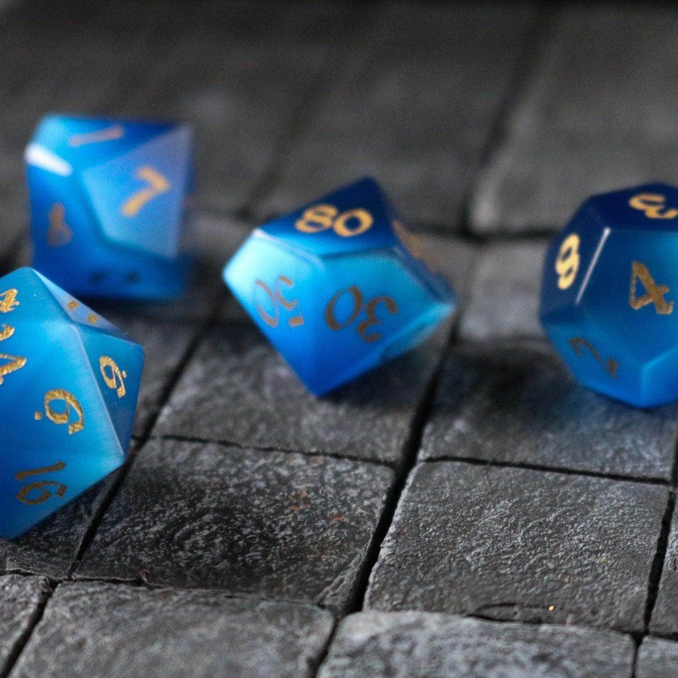 Gemstone Dark Blue Cats Eye Stone Hand Carved DND Dice Set - Full Set And Free Dice Box