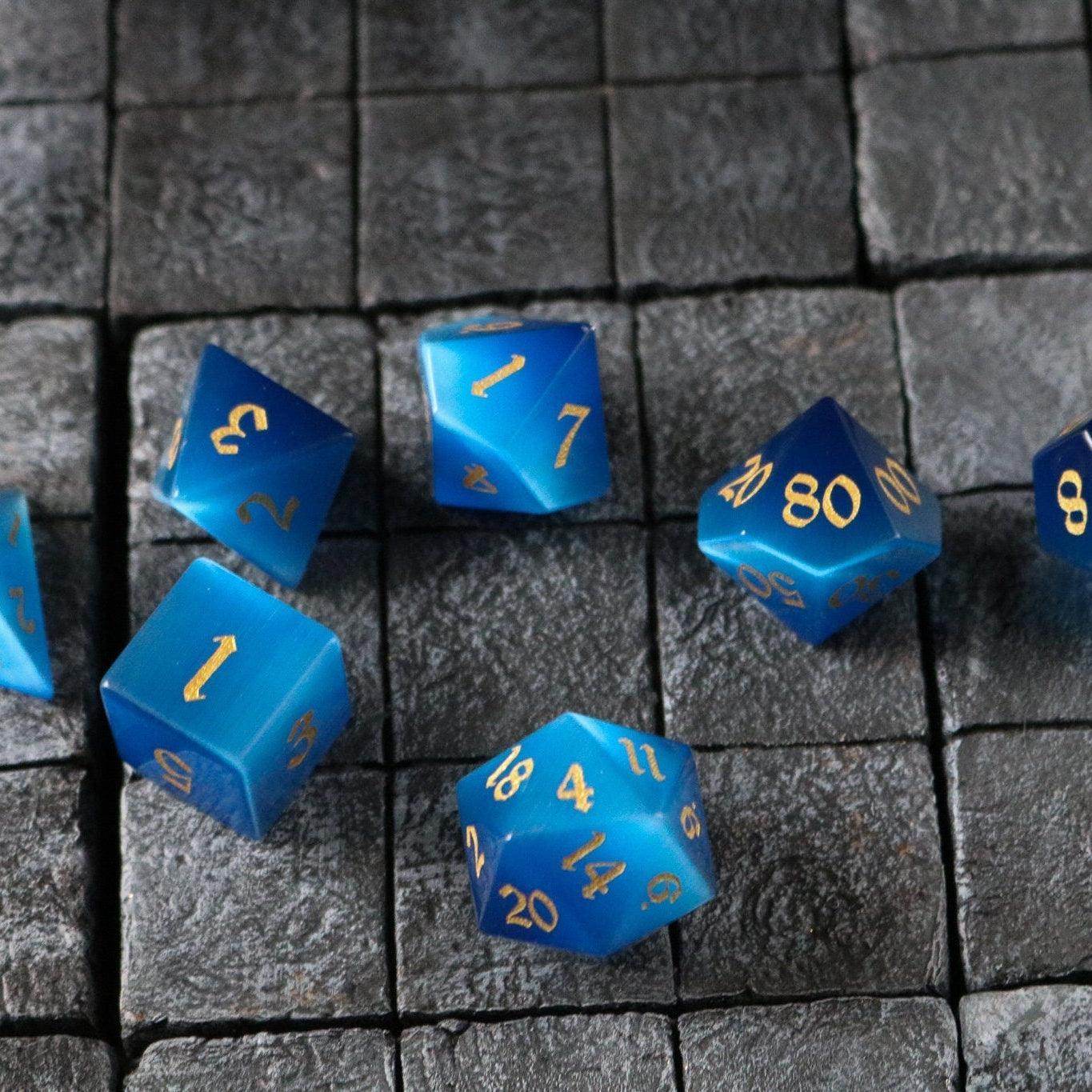 Gemstone Dark Blue Cats Eye Stone Hand Carved DND Dice Set - Full Set And Free Dice Box