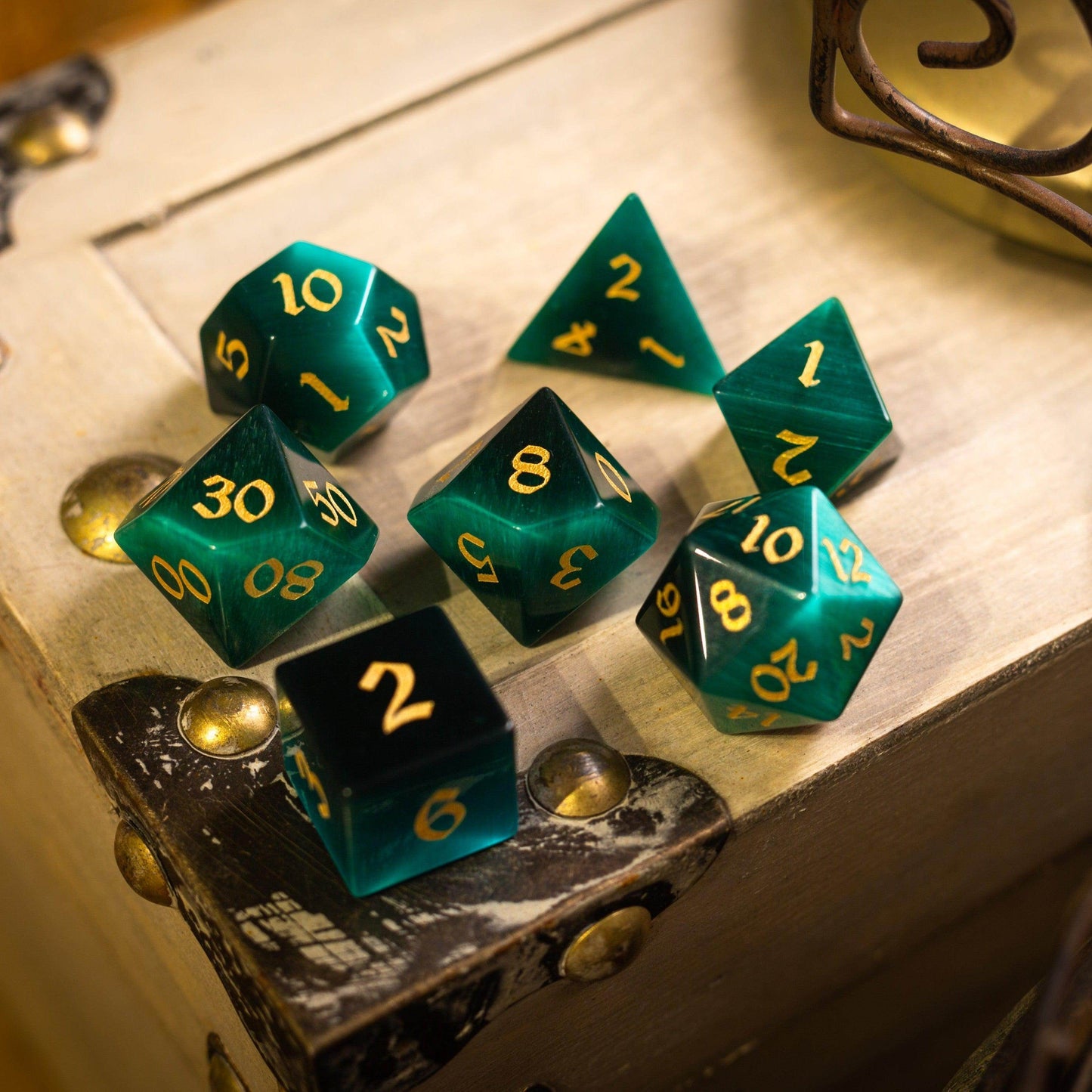 Gemstone Dark Green Cats Eye Stone Hand Carved DND Dice Set - Full Set And Free Dice Box