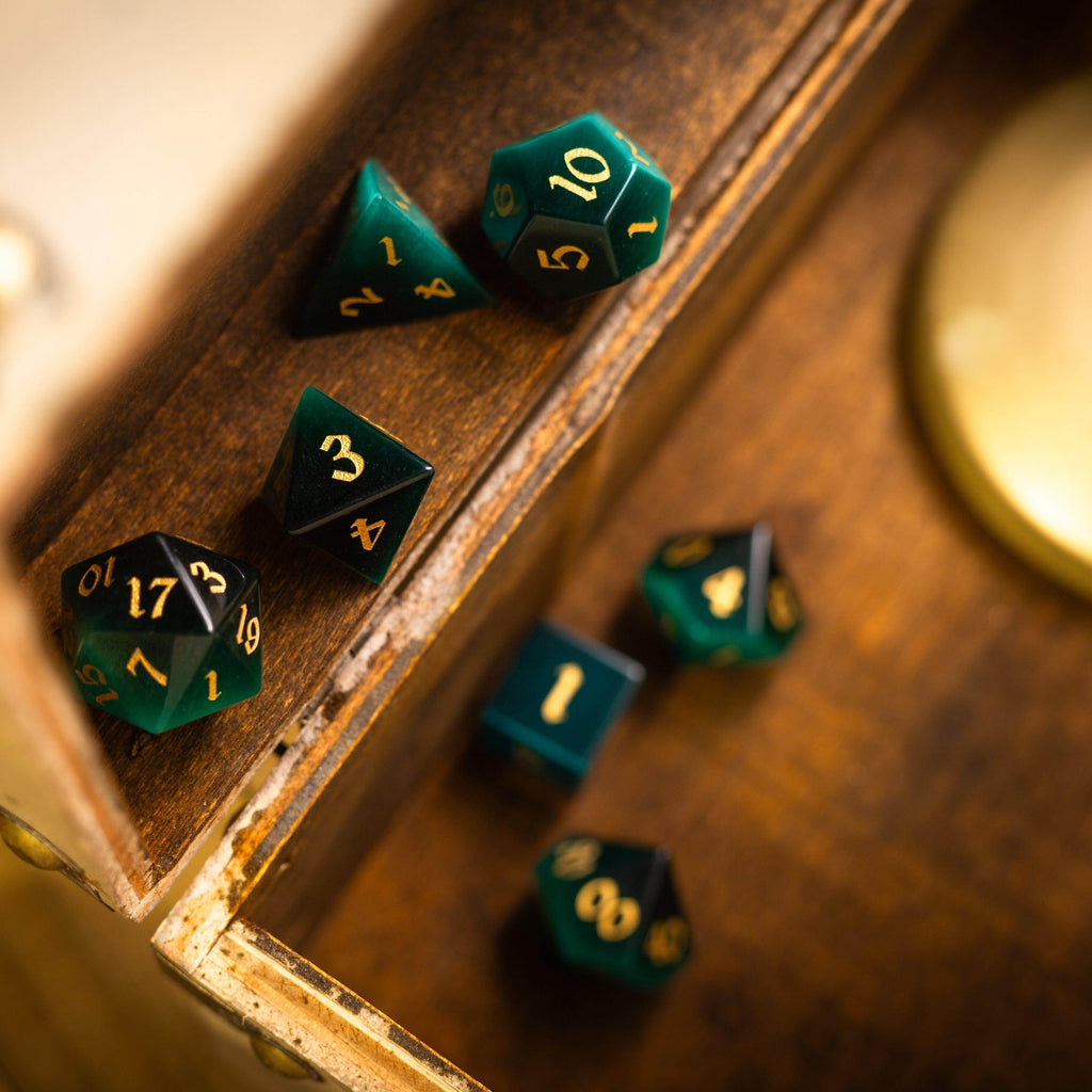 Gemstone Dark Green Cats Eye Stone Hand Carved DND Dice Set - Full Set And Free Dice Box