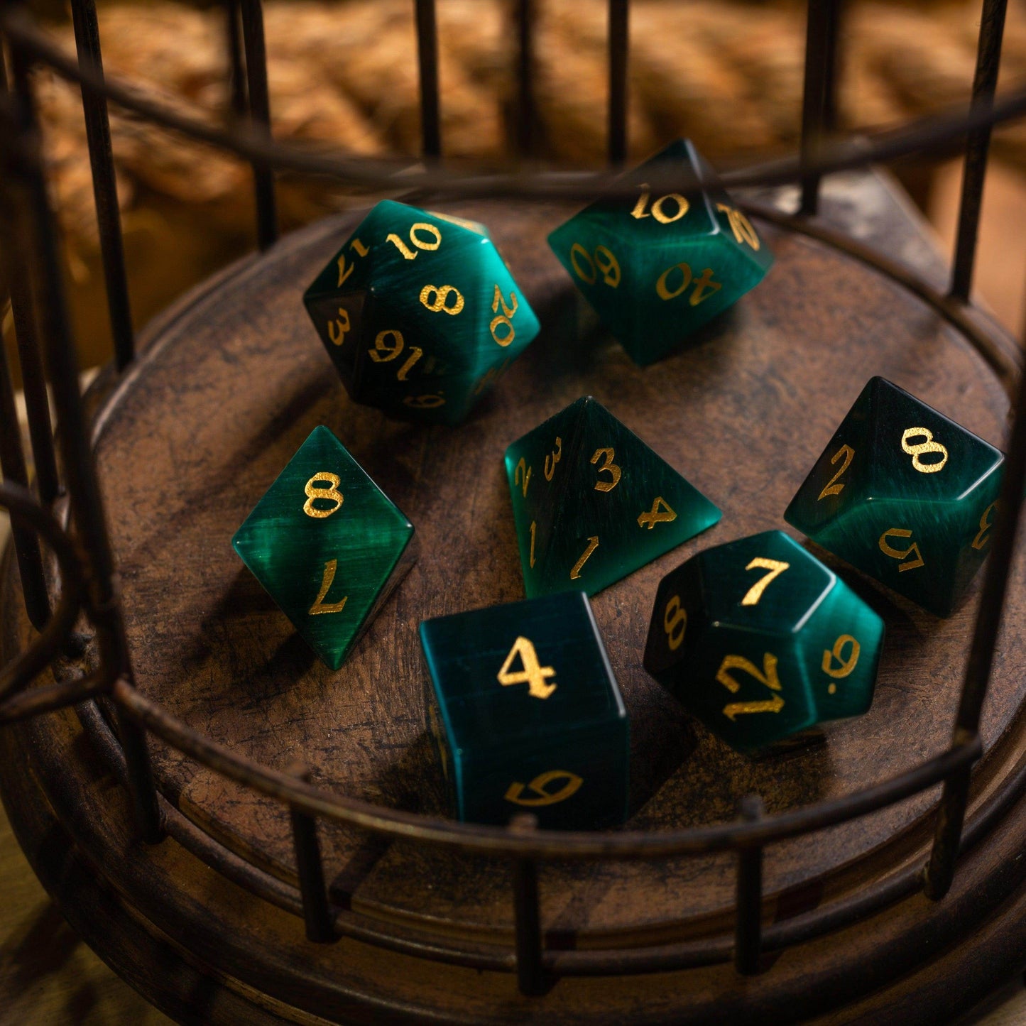 Gemstone Dark Green Cats Eye Stone Hand Carved DND Dice Set - Full Set And Free Dice Box
