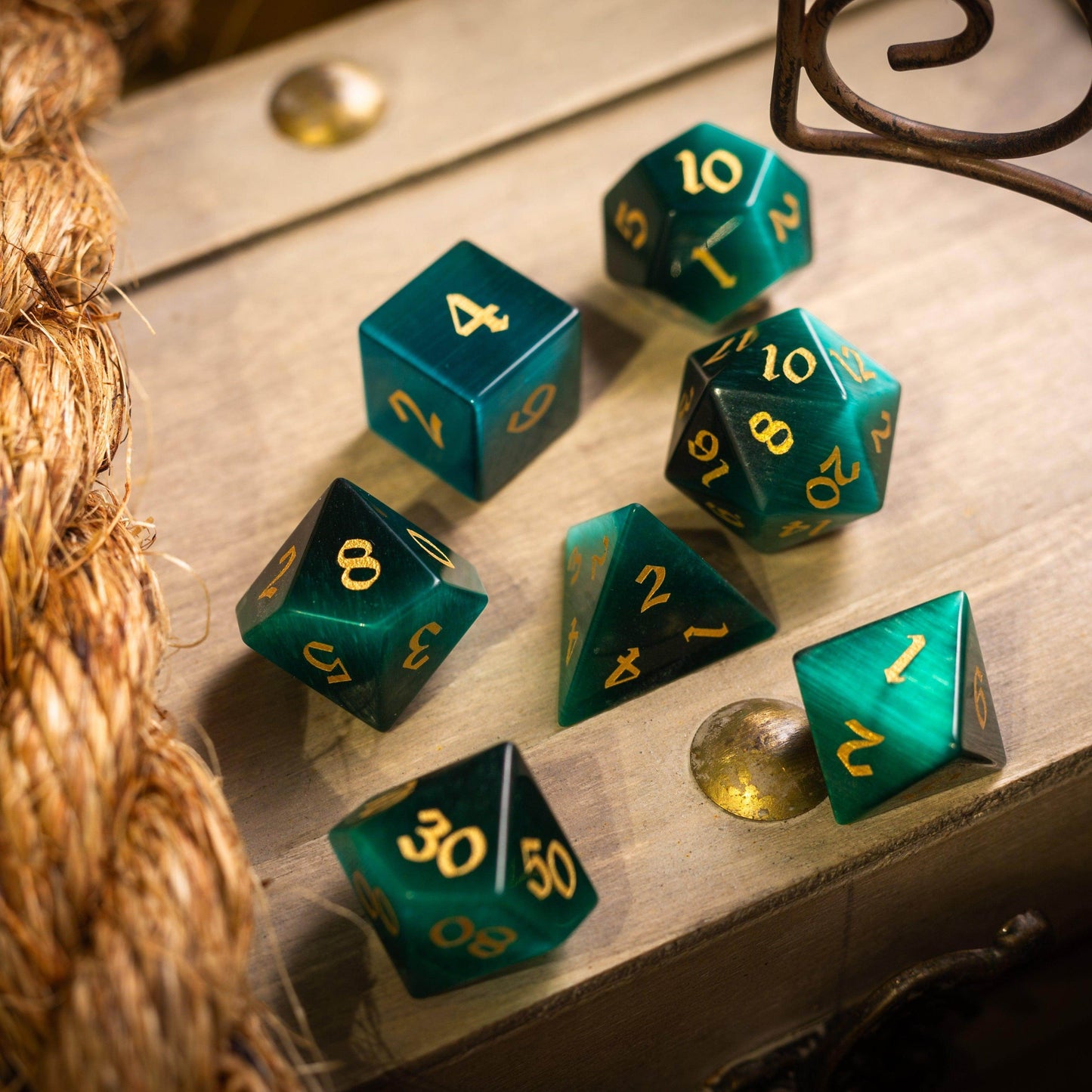 Gemstone Dark Green Cats Eye Stone Hand Carved DND Dice Set - Full Set And Free Dice Box