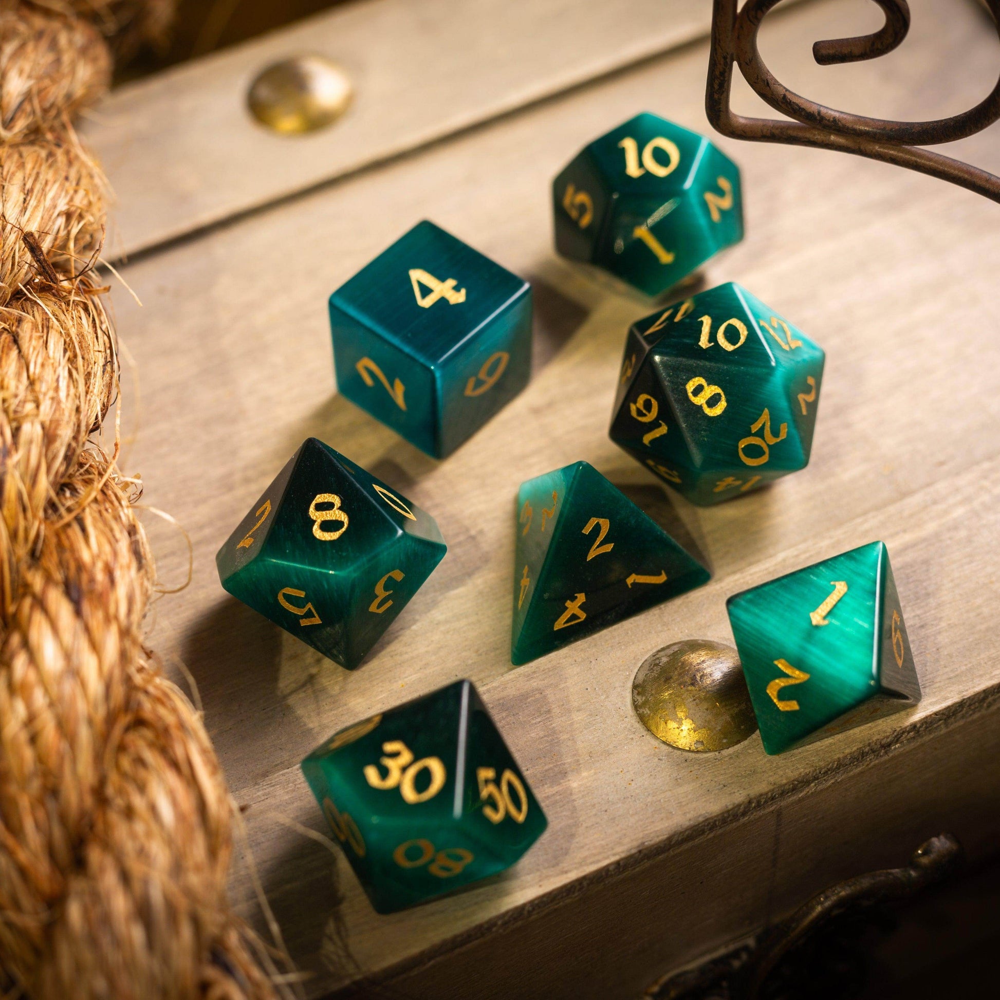 Gemstone Dark Green Cats Eye Stone Hand Carved DND Dice Set - Full Set And Free Dice Box