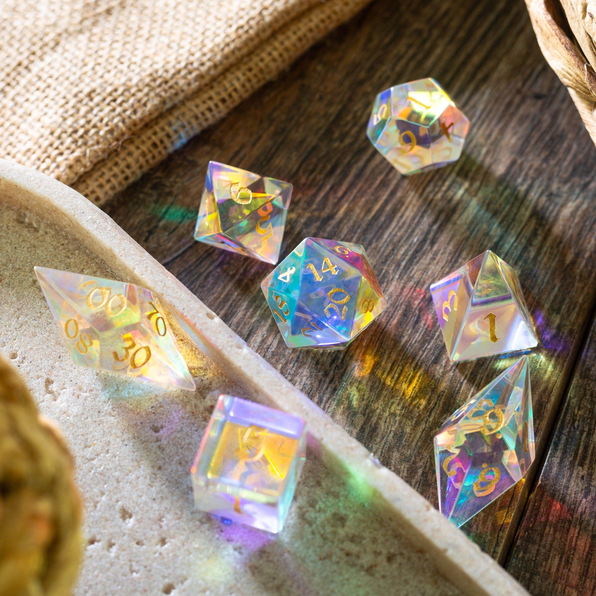 Gemstone Dichroic Glass Elven Cut DND Dice Set - Only 1 D20