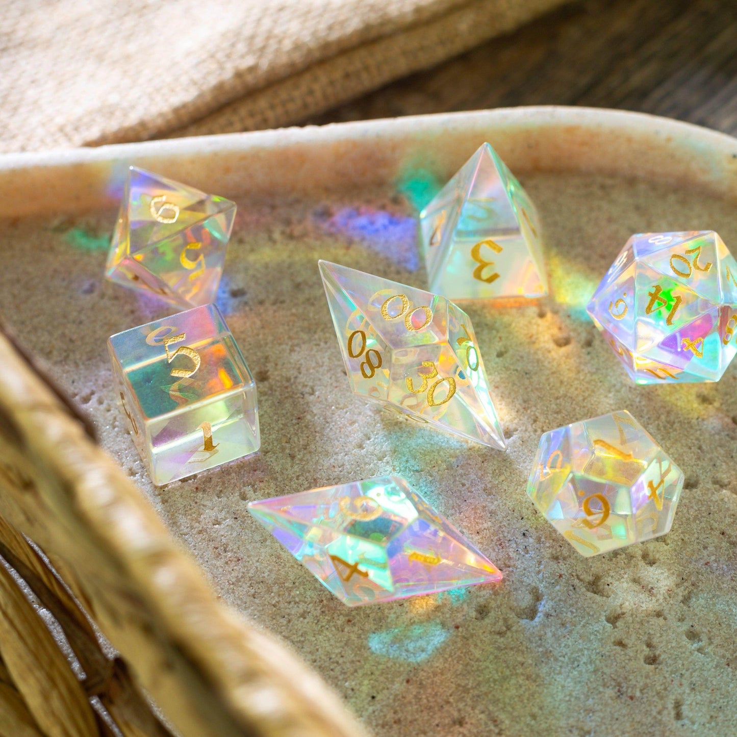 Gemstone Dichroic Glass Elven Cut DND Dice Set - Only 1 D20