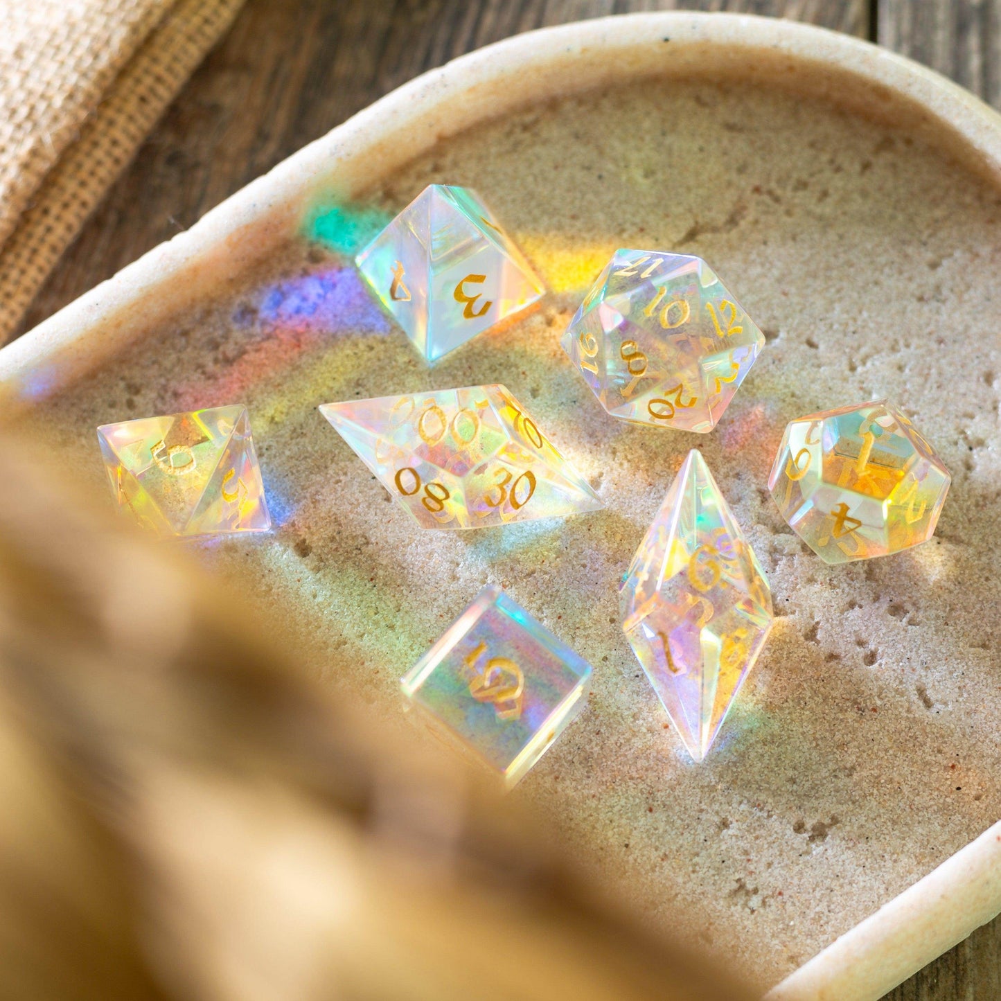 Gemstone Dichroic Glass Elven Cut DND Dice Set - Only 1 D20