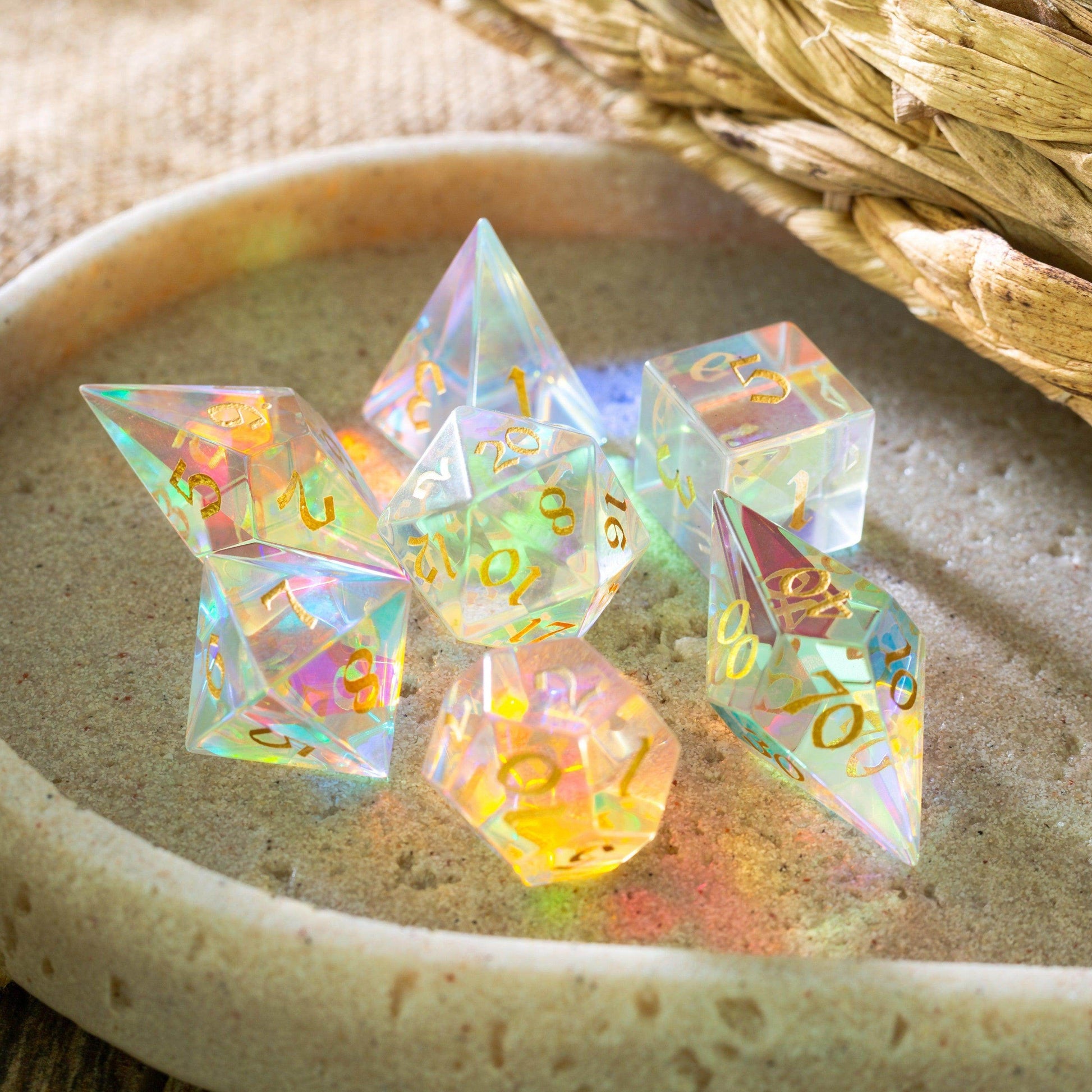 Gemstone Dichroic Glass Elven Cut DND Dice Set - Only 1 D20