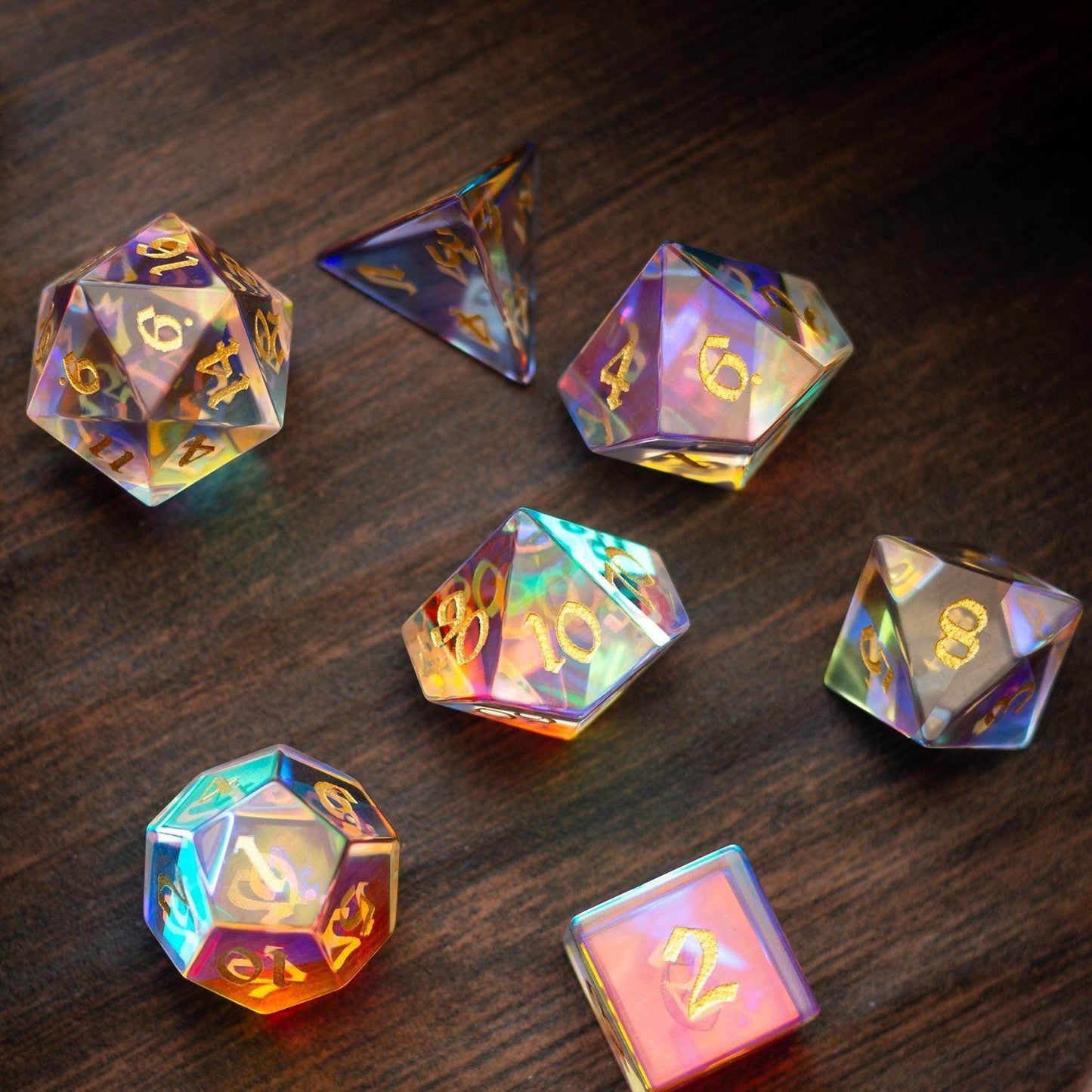 Gemstone Dichroic Glass Hand Carved DND Dice Set - Full Set And Free Dice Box