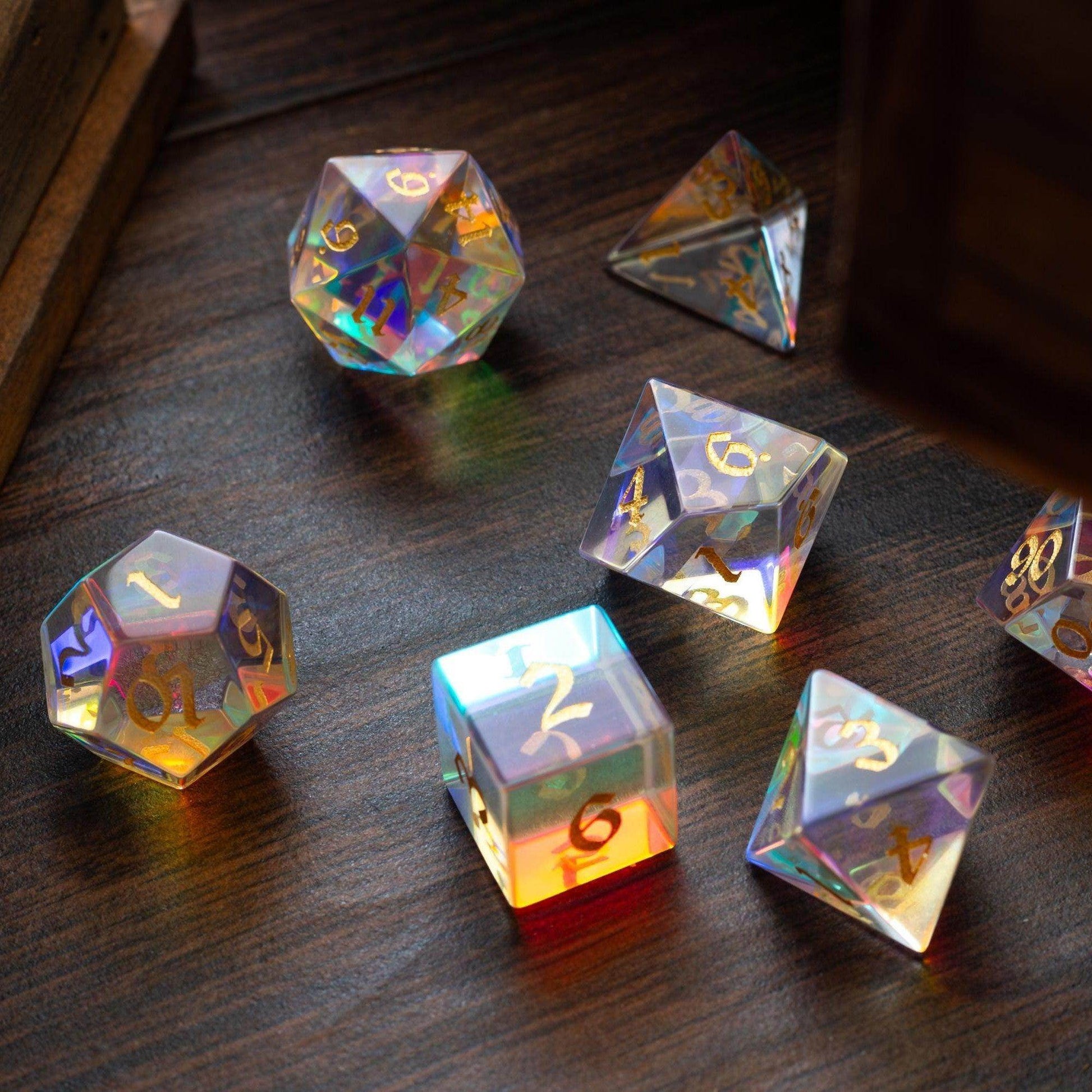 Gemstone Dichroic Glass Hand Carved DND Dice Set - Full Set And Free Dice Box