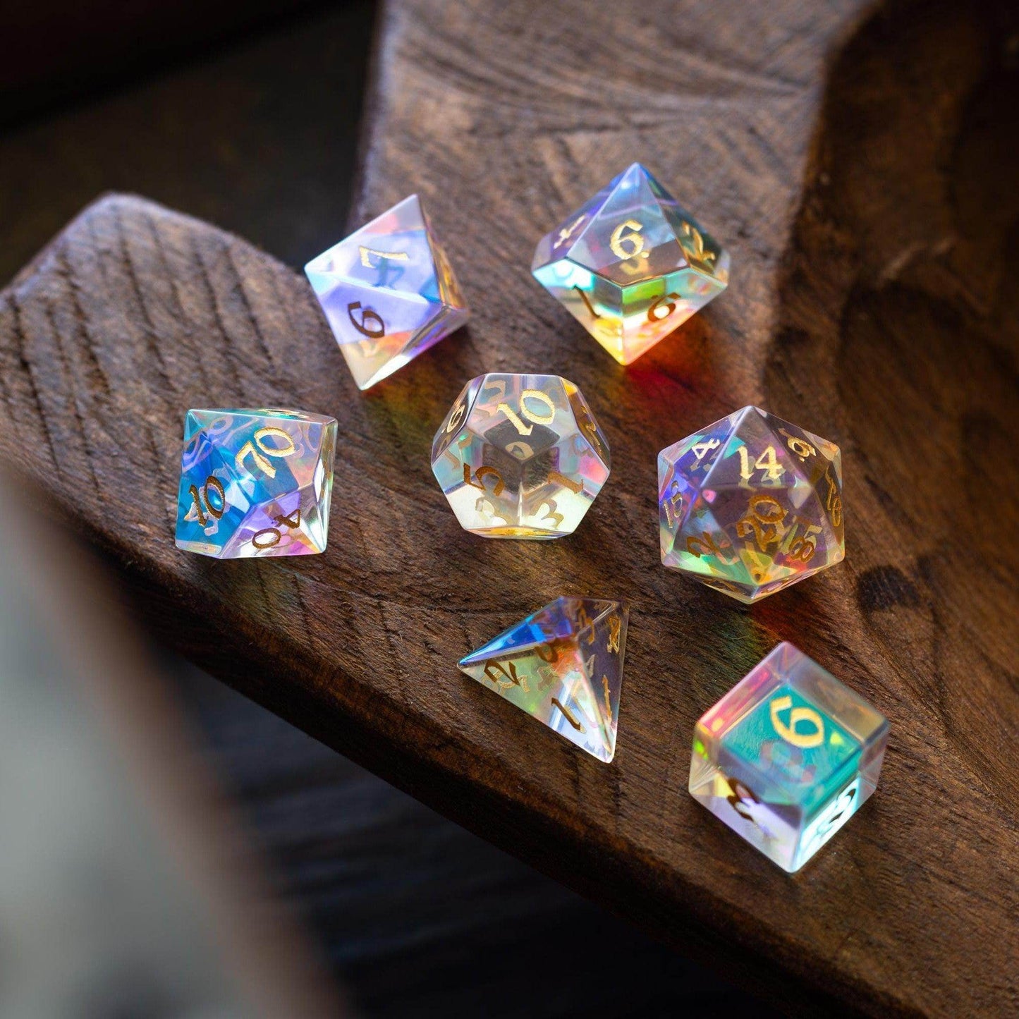Gemstone Dichroic Glass Hand Carved DND Dice Set - Full Set And Free Dice Box