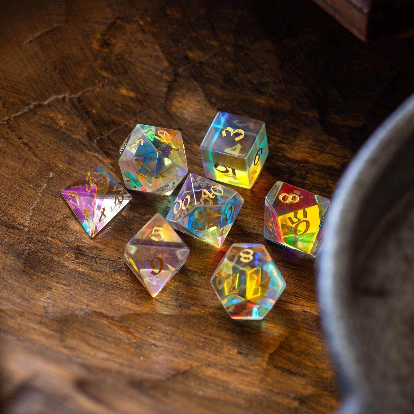 Gemstone Dichroic Glass Hand Carved DND Dice Set - Full Set And Free Dice Box