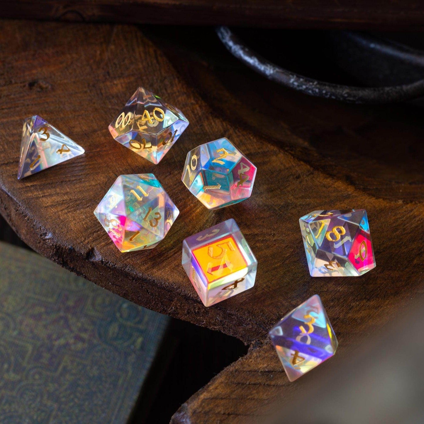 Gemstone Dichroic Glass Hand Carved DND Dice Set - Full Set And Free Dice Box