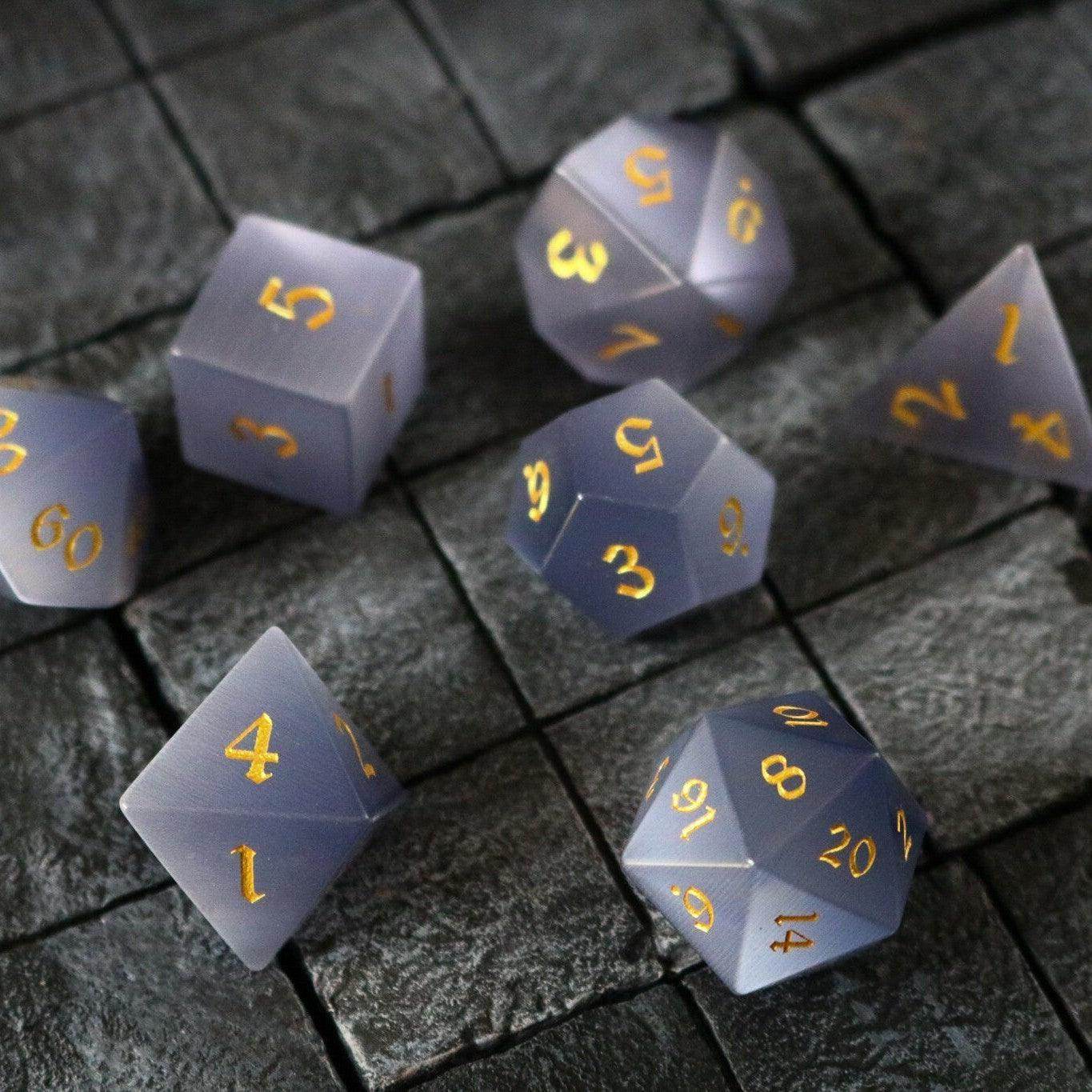 Gemstone Gray Cats Eye Stone DND Dice Set - Full Set And Free Dice Box