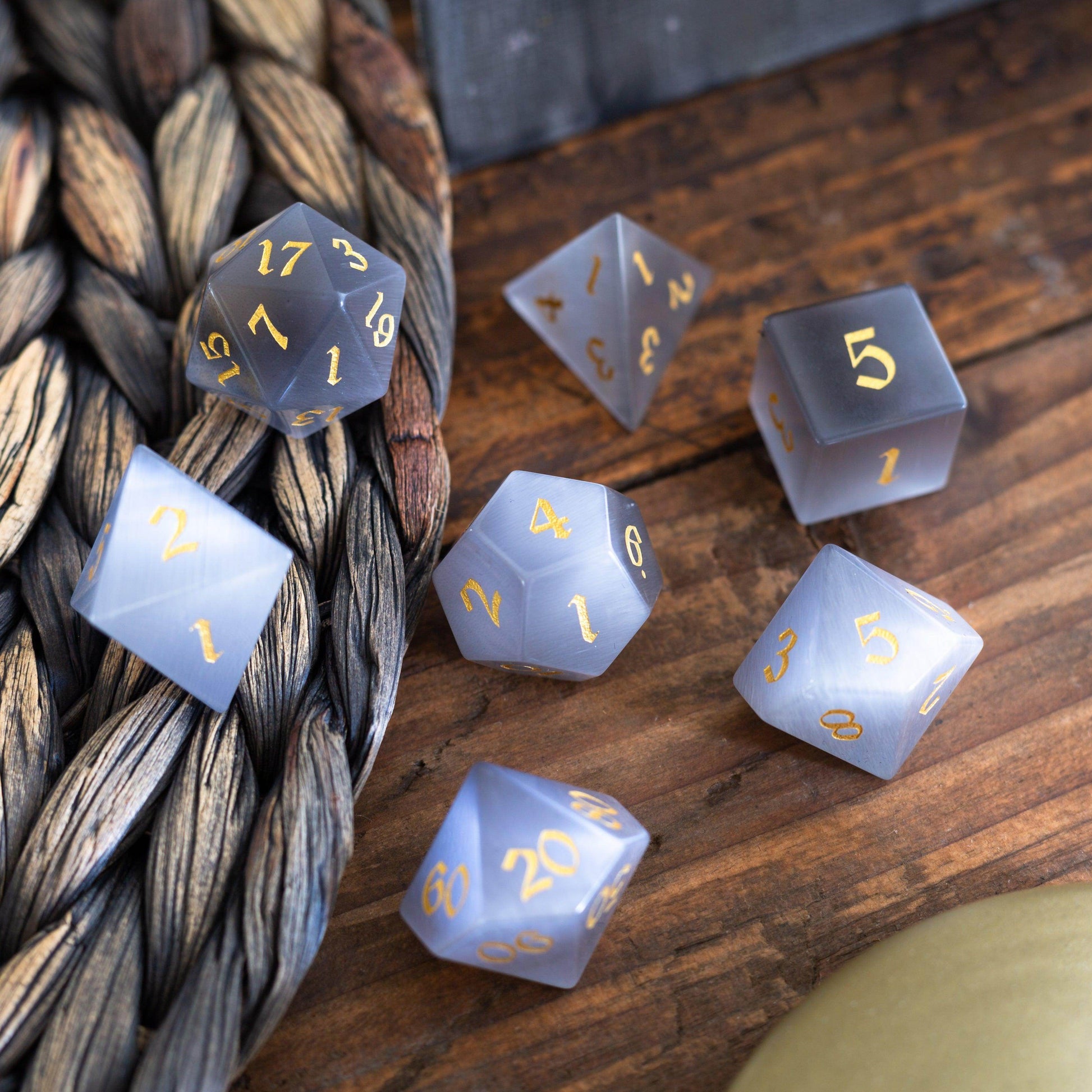 Gemstone Gray Cats Eye Stone DND Dice Set - Full Set And Free Dice Box